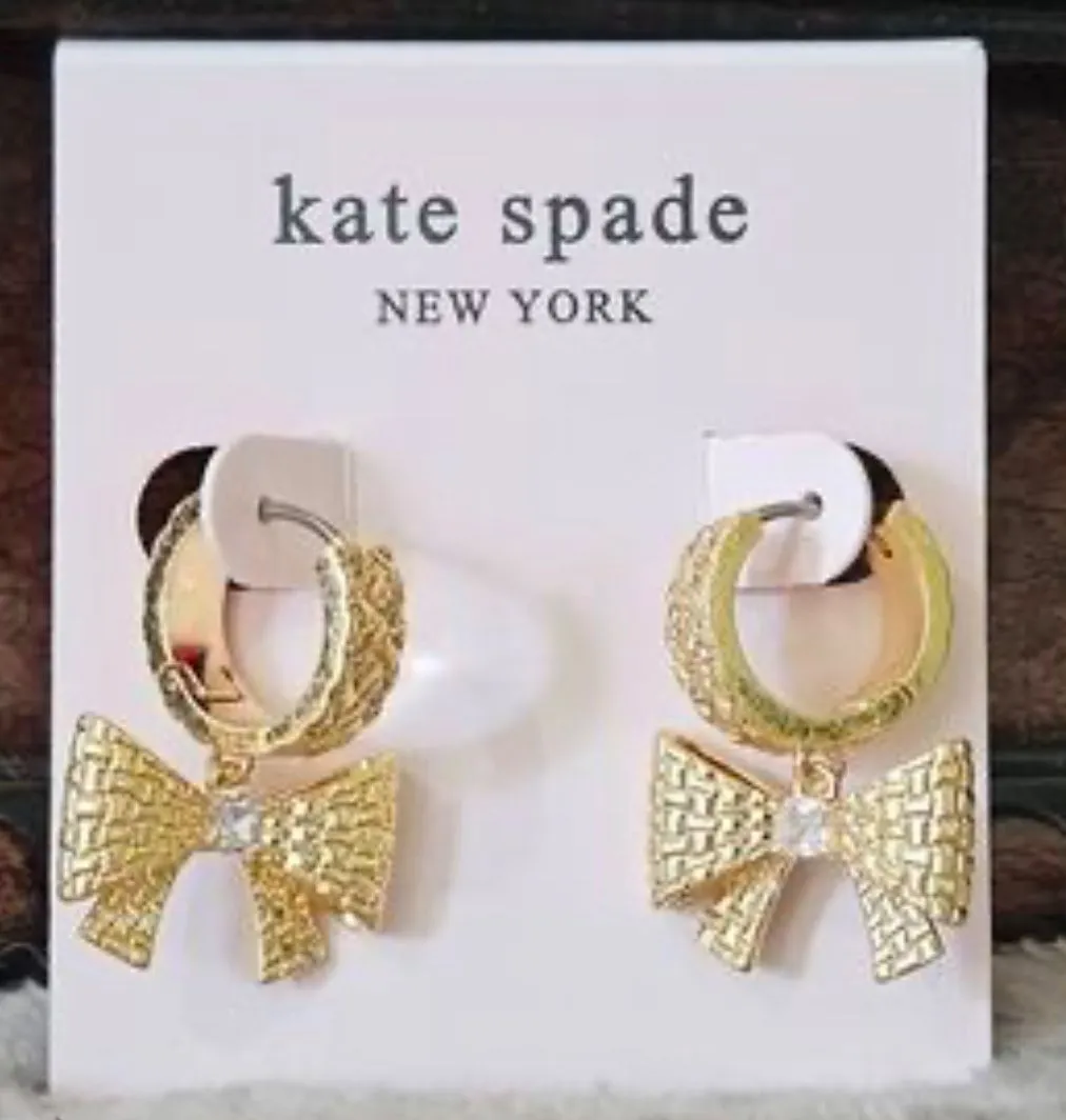 Product image for New KATE SPADE NEW YORK Gold-Tone Wrapped in a Bow Huggie Drop Earrings