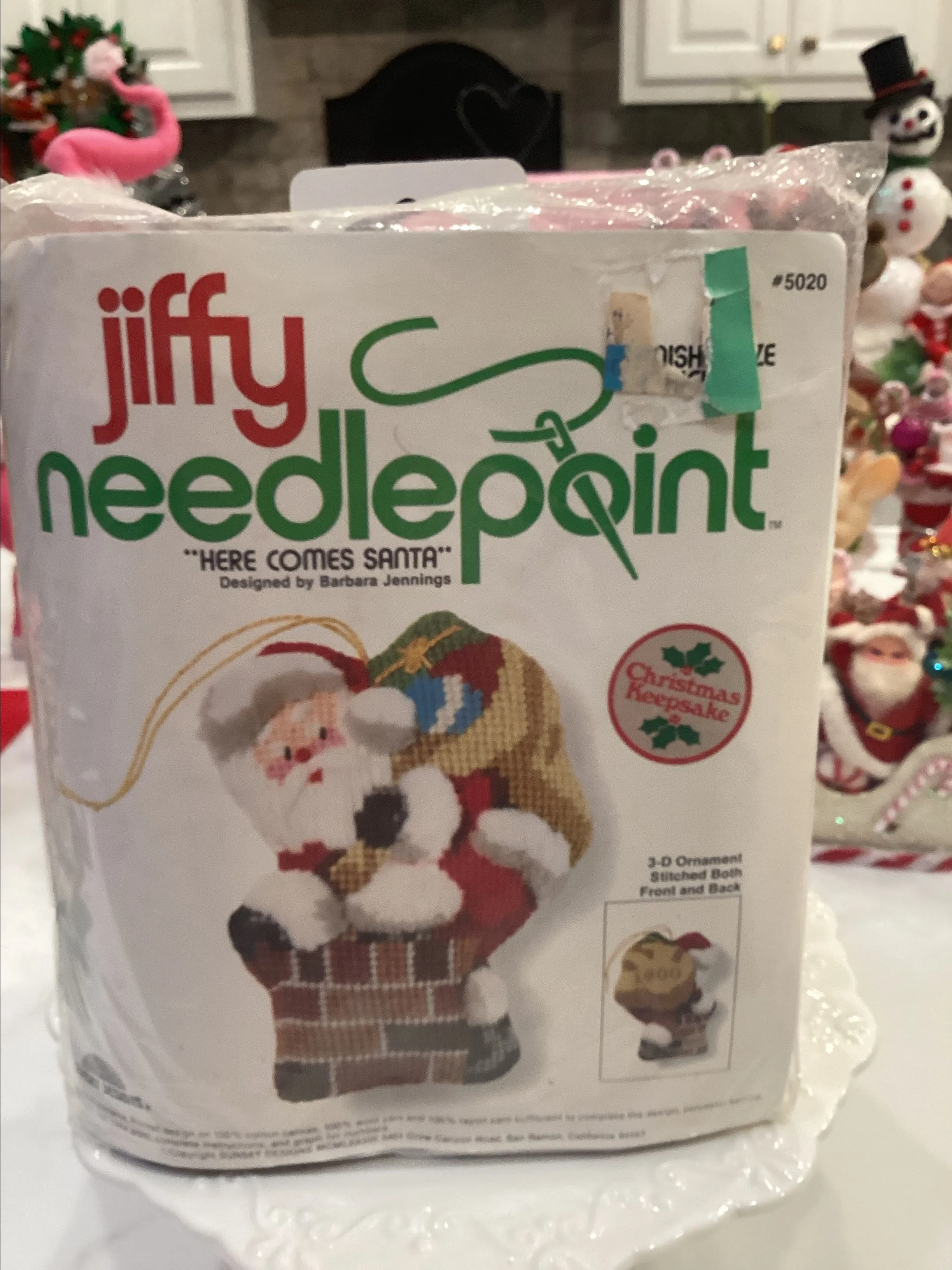 Product image for Vintage Jiffy Needlepoint Here Comes Santa 3D ornament