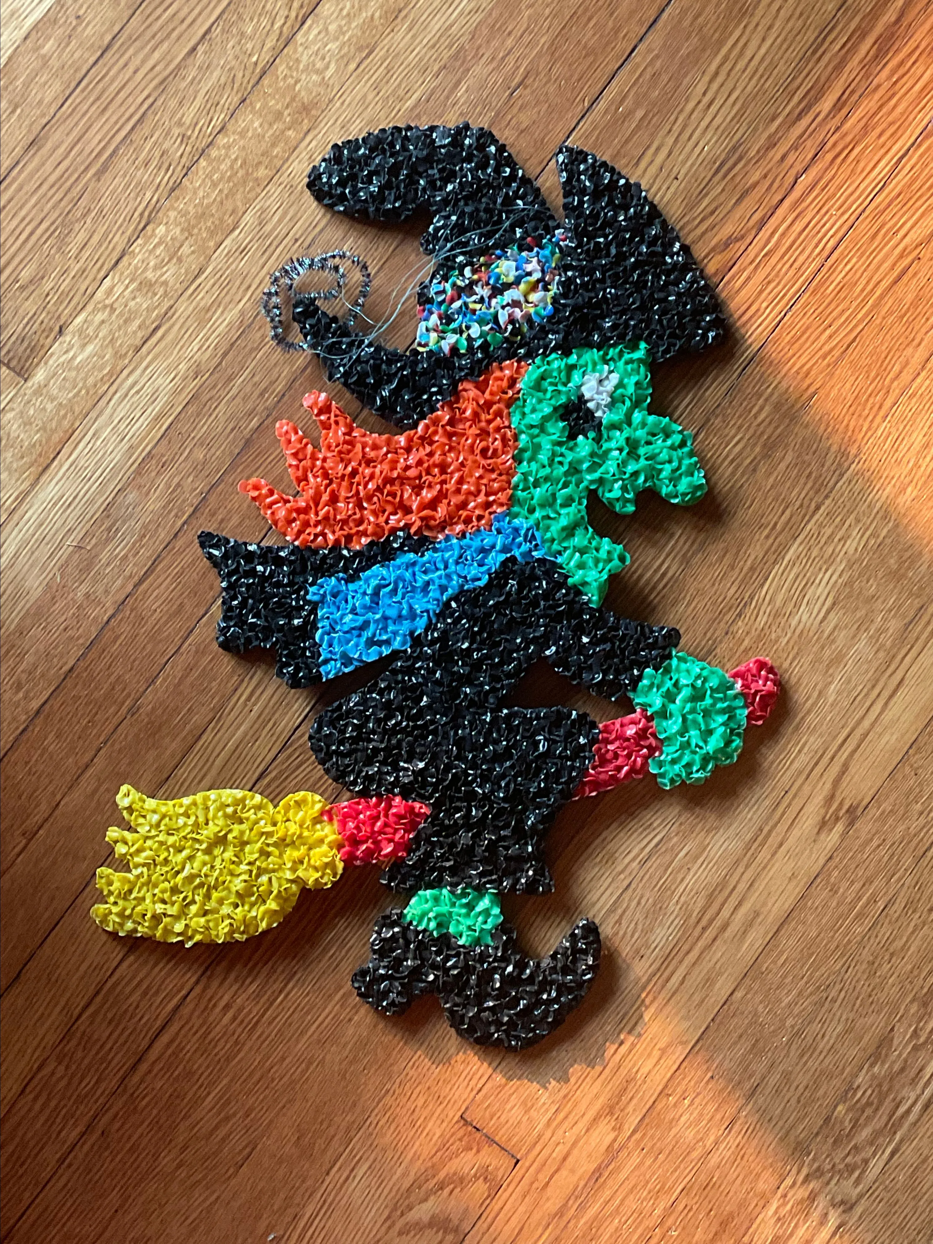 Product image for Beautiful witch hat on a broom flying hanging decor, colorful brim, KAGE 1970s popcorn