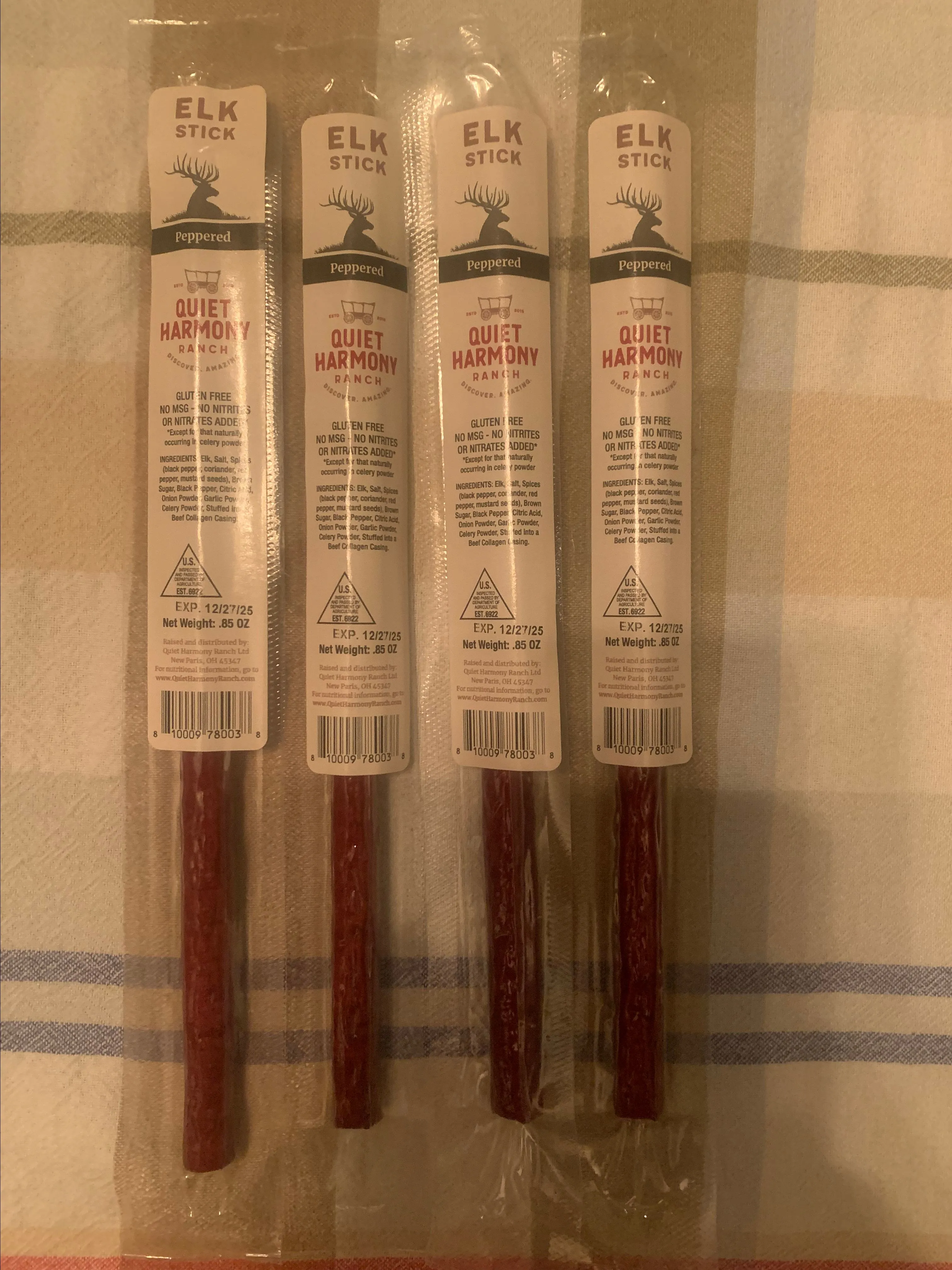 Product image for 4- 100% Elk Jerky PEPPERED FLAVORED with zero fat, zero nitrites, zero nitrates, zero msg's, packed