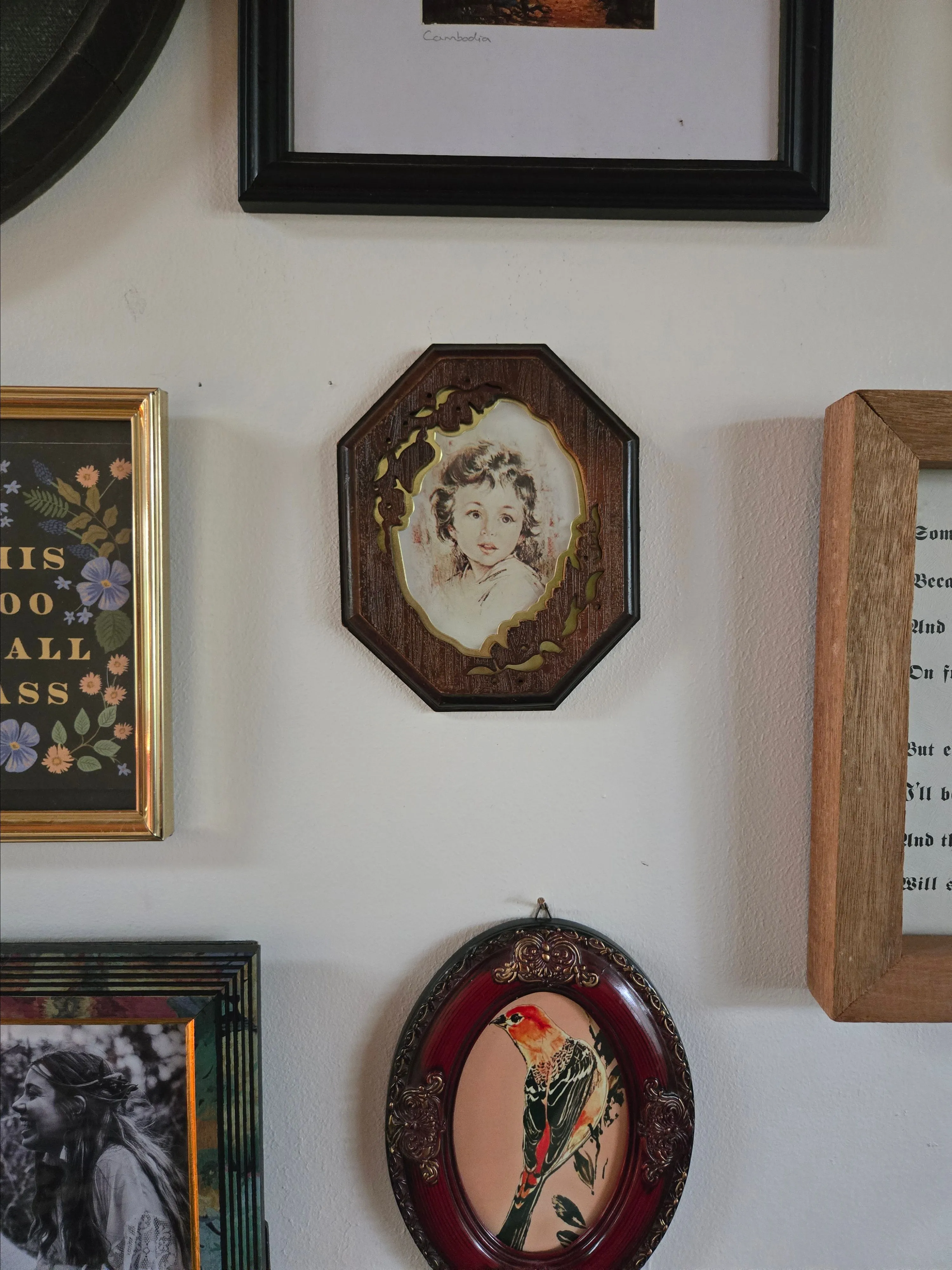 Product image for Vintage Mid-Century Child Print in Ornate Wood & Brass Frame