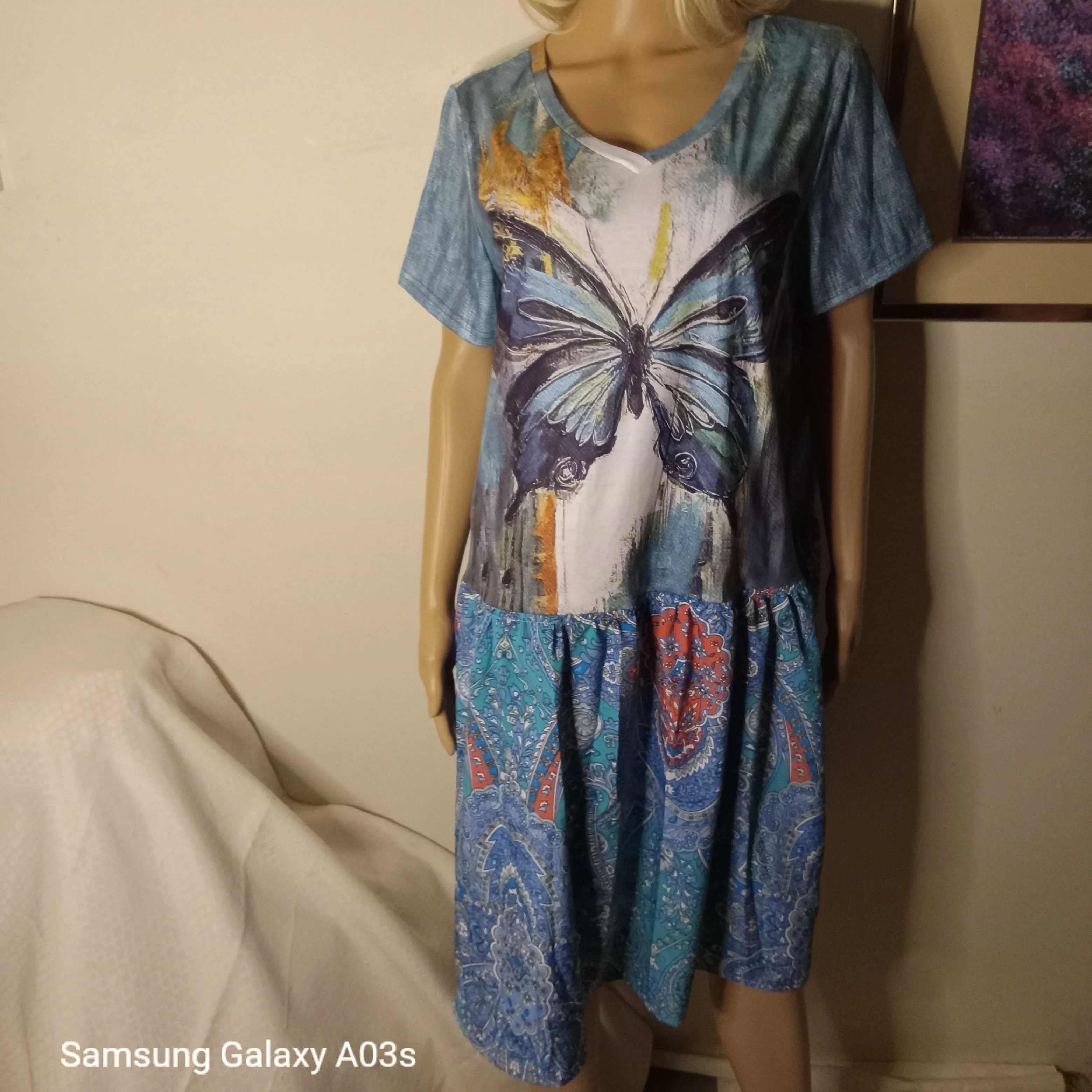 Product image for D7. Dress Blue  Butterfly XL V-Neck New Upcycled 