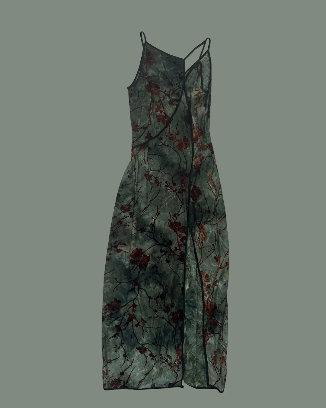 Product image for Clons- velvet burnout green and red asymmetric dress