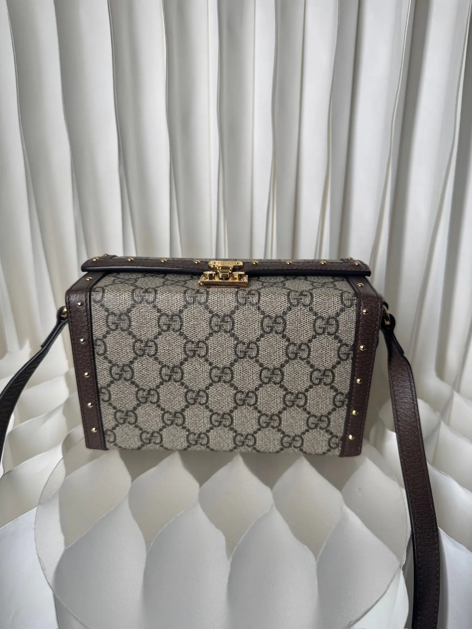 Product image for Gucci Trunk Flap Lock Shoulder Bag GG Coated Canvas with Studded Leather