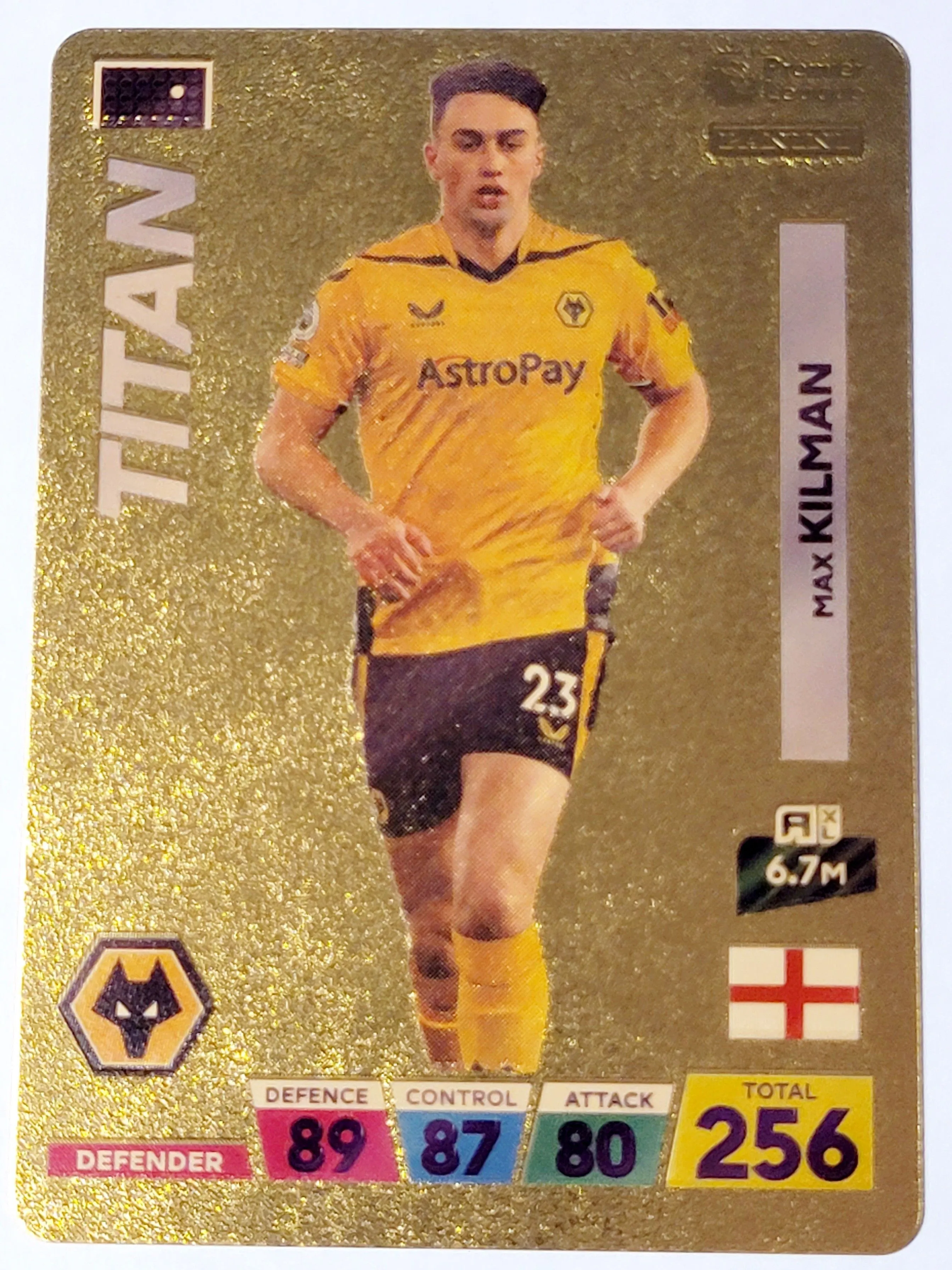 Product image for 2022 Max Kilman Panini World Soccer Stars Titan Plastic Gold Color Card Premier Mint condition. Maxi