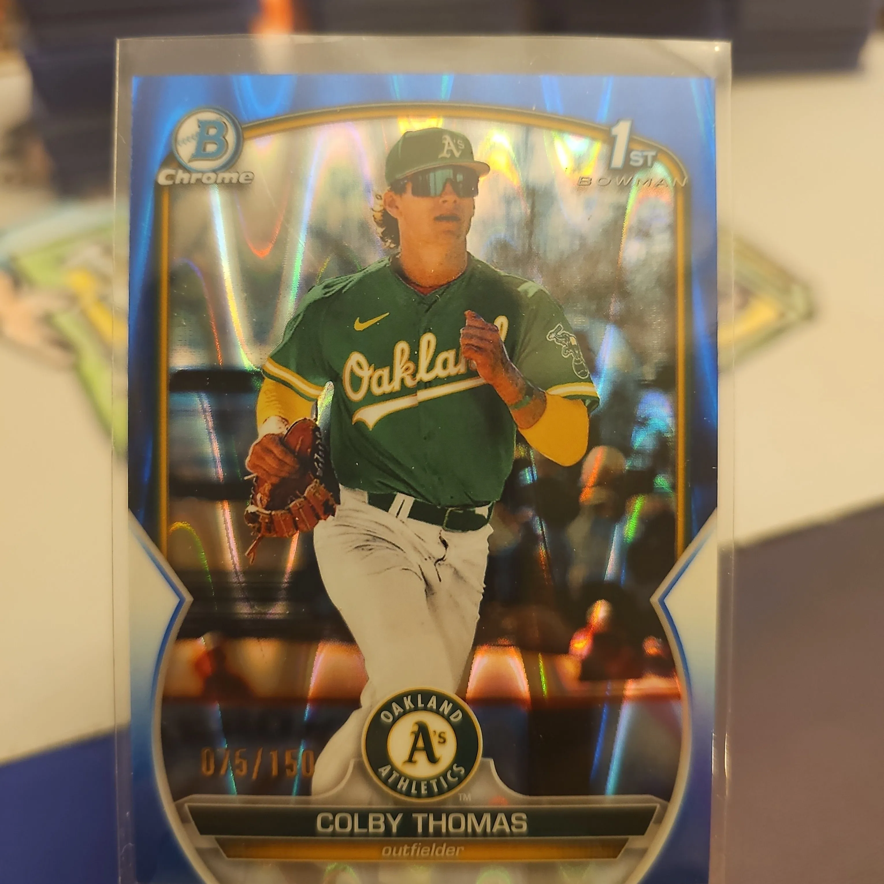 Product image for Colby Thomas - /150 1st Blue Ray Wave Refractor 2023 Bowman Chrome - Athletics