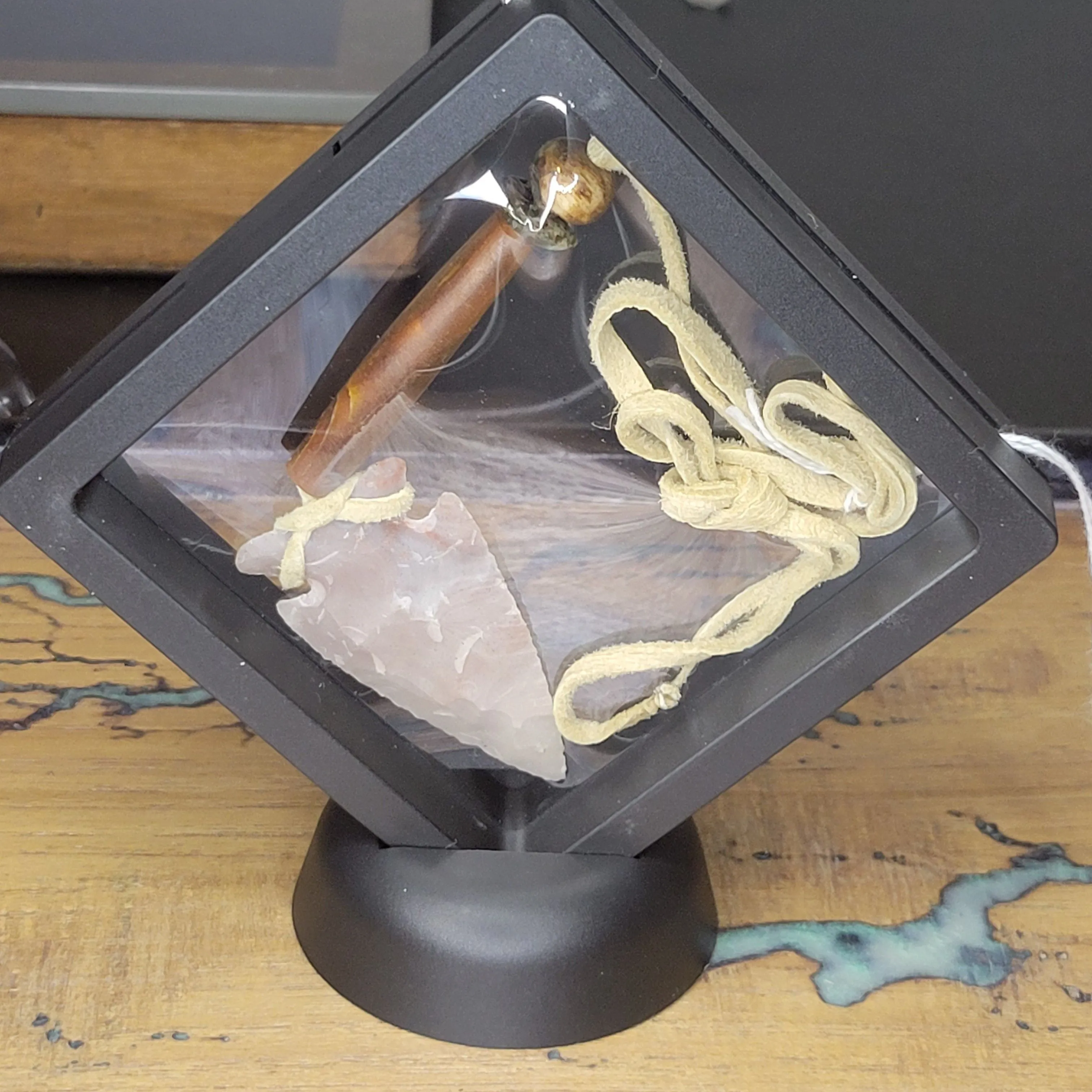 Product image for Handcrafted Flint Knapped Arrowhead and Bison Barrel Bead  with Tigers Eye on Buckskin Tann