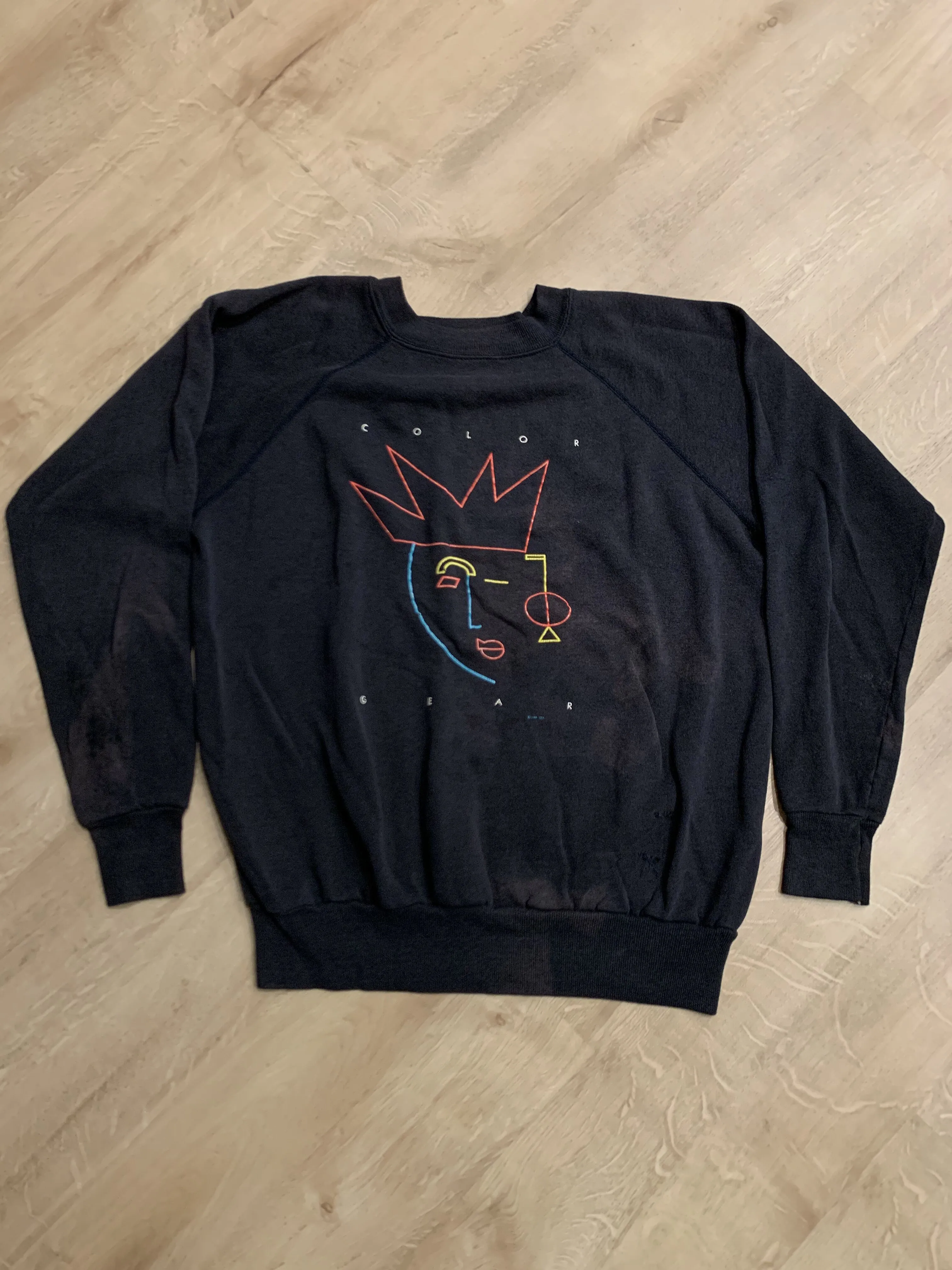 Product image for Vintage Color Gear Art Drawing Face Sketch Logo Crewneck Sweatshirt Black Large L Artistic Retro - Late 80s / Early 90s 