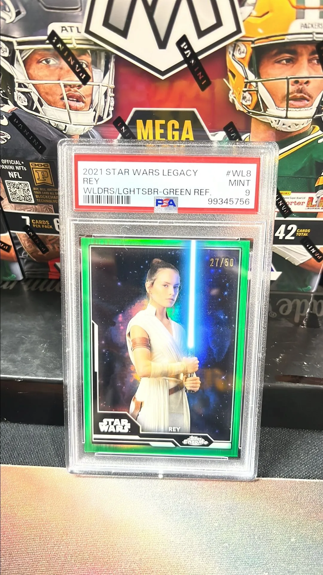 Product image for 2021 Topps Chrome Star Wars Legacy Wielders Of The Lightsaber Rey Wldrs/Lghtsbr-Green Ref. PSA MINT 9