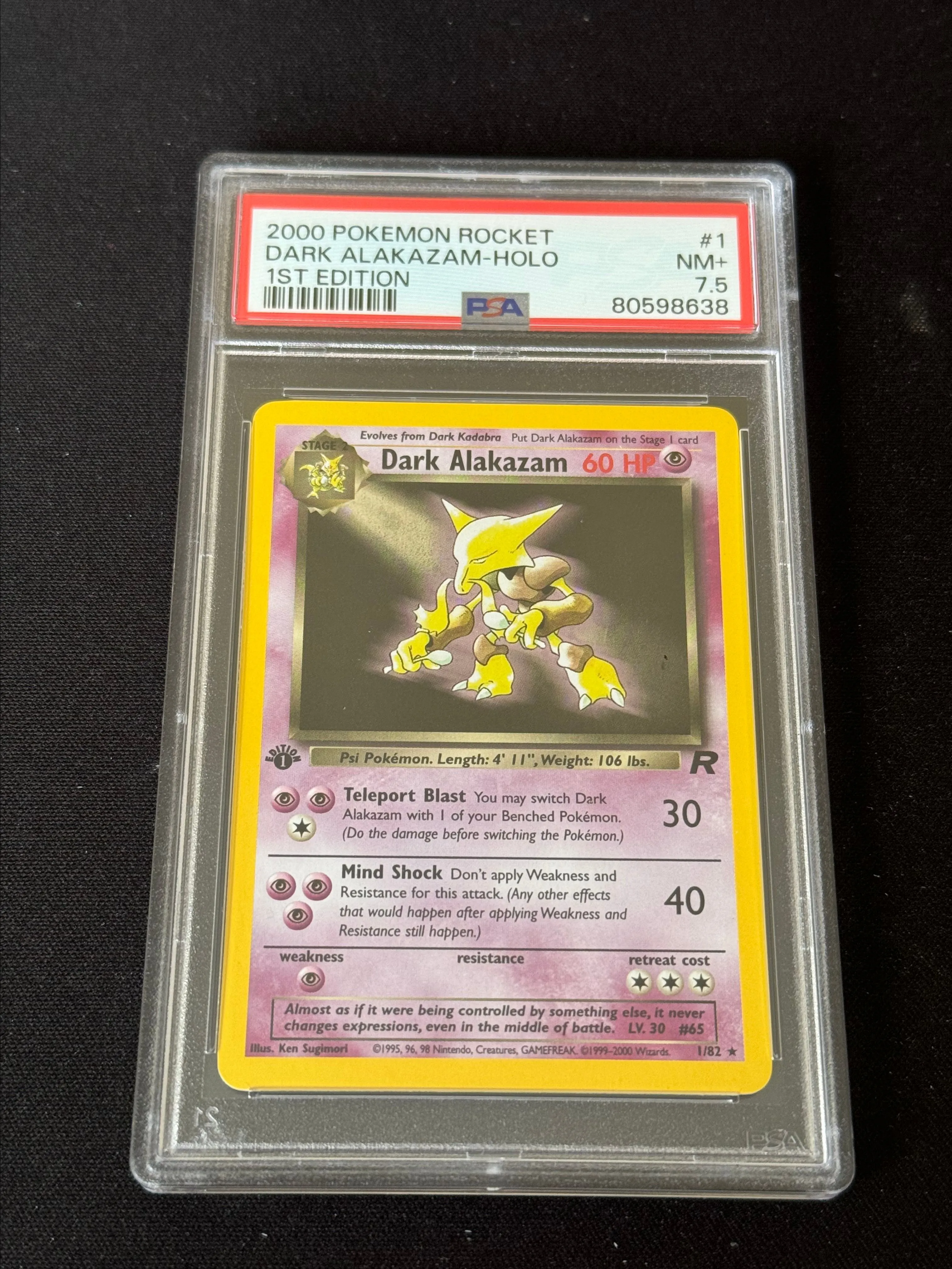 Product image for ERROR LABEL?! 2000 Pokemon Rocket Dark Alakazam-Holo 1St Edition PSA NM+ 7.5
