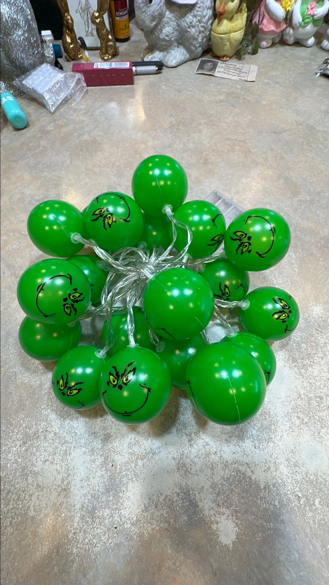 Product image for Grinch lights. 10 feet long. Takes 3 AA batteries
