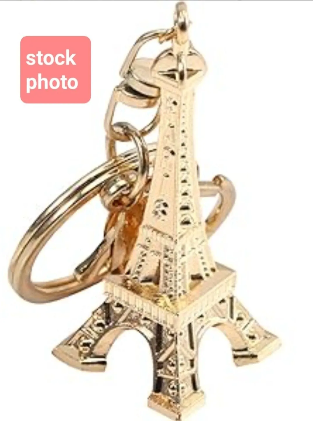 Product image for Eiffel Tower Paris France 2" Gold Color Metal Replica Key Chain Charm Souvenir. The image shows an E