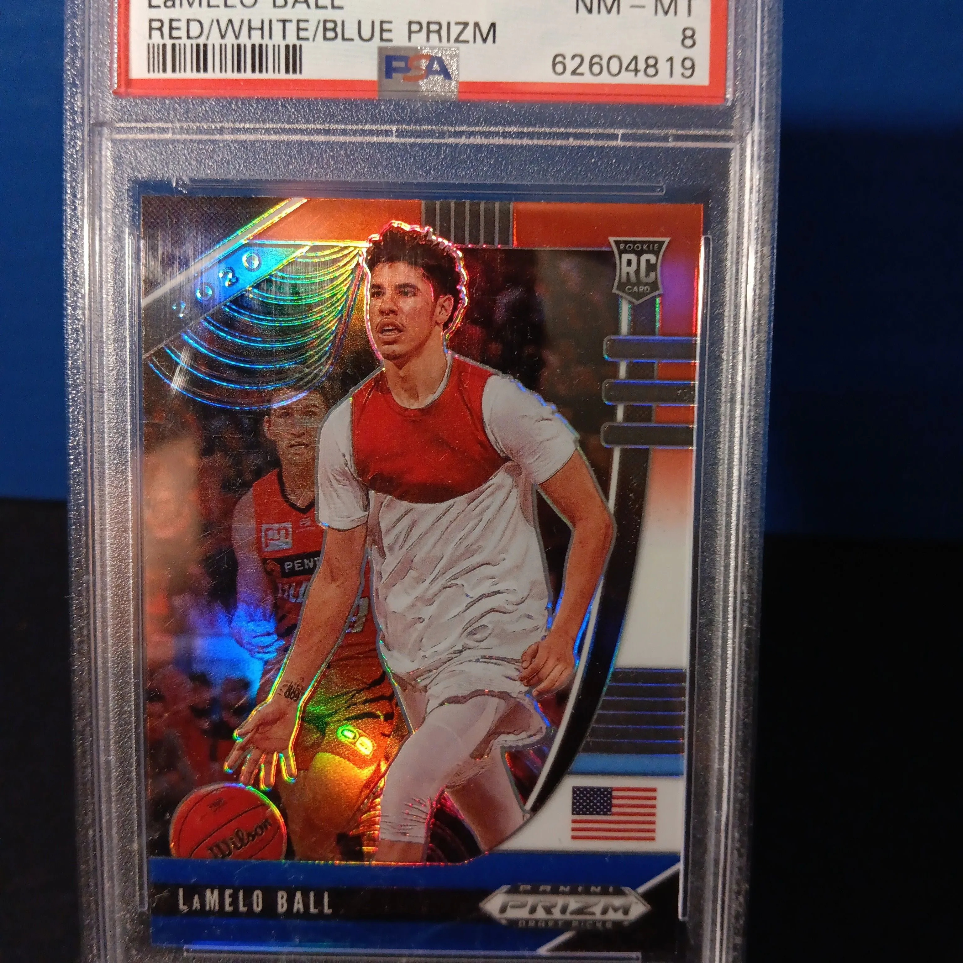 Product image for 2020 Panini Prizm Draft Picks Lamelo Ball 43 Red/White/Blue Prizm PSA NM-MT 8