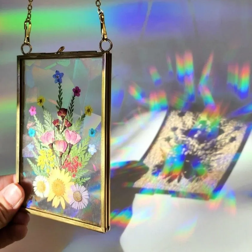 Product image for Sun Catcher Made with Real Pressed Flowers! Prismatic Rainbow Blaster!  Rainbow Floral Arrangement