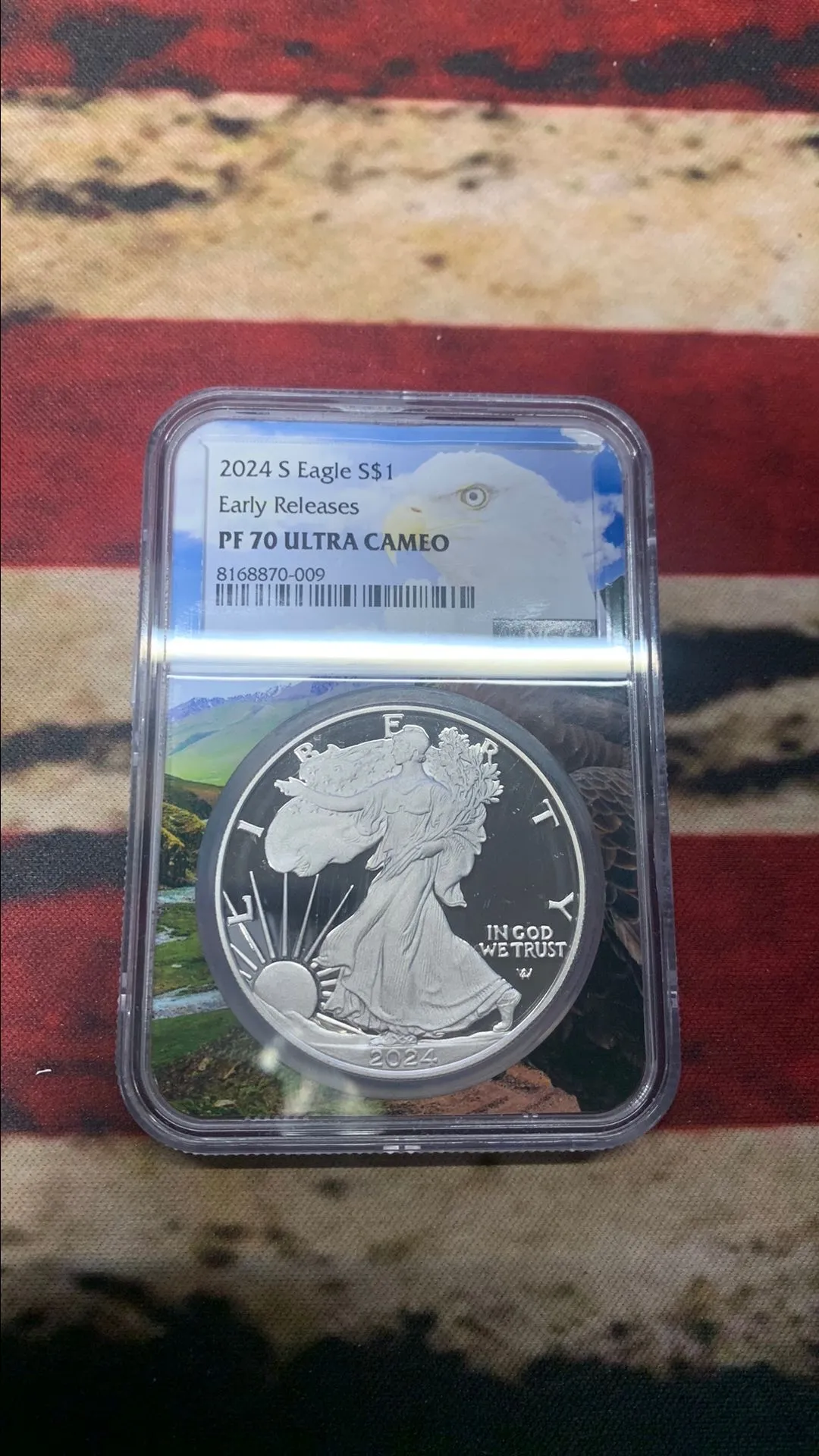 Product image for 2024 S PROOF SILVER EAGLE NGC PF70 UC FR EAGLE CORE