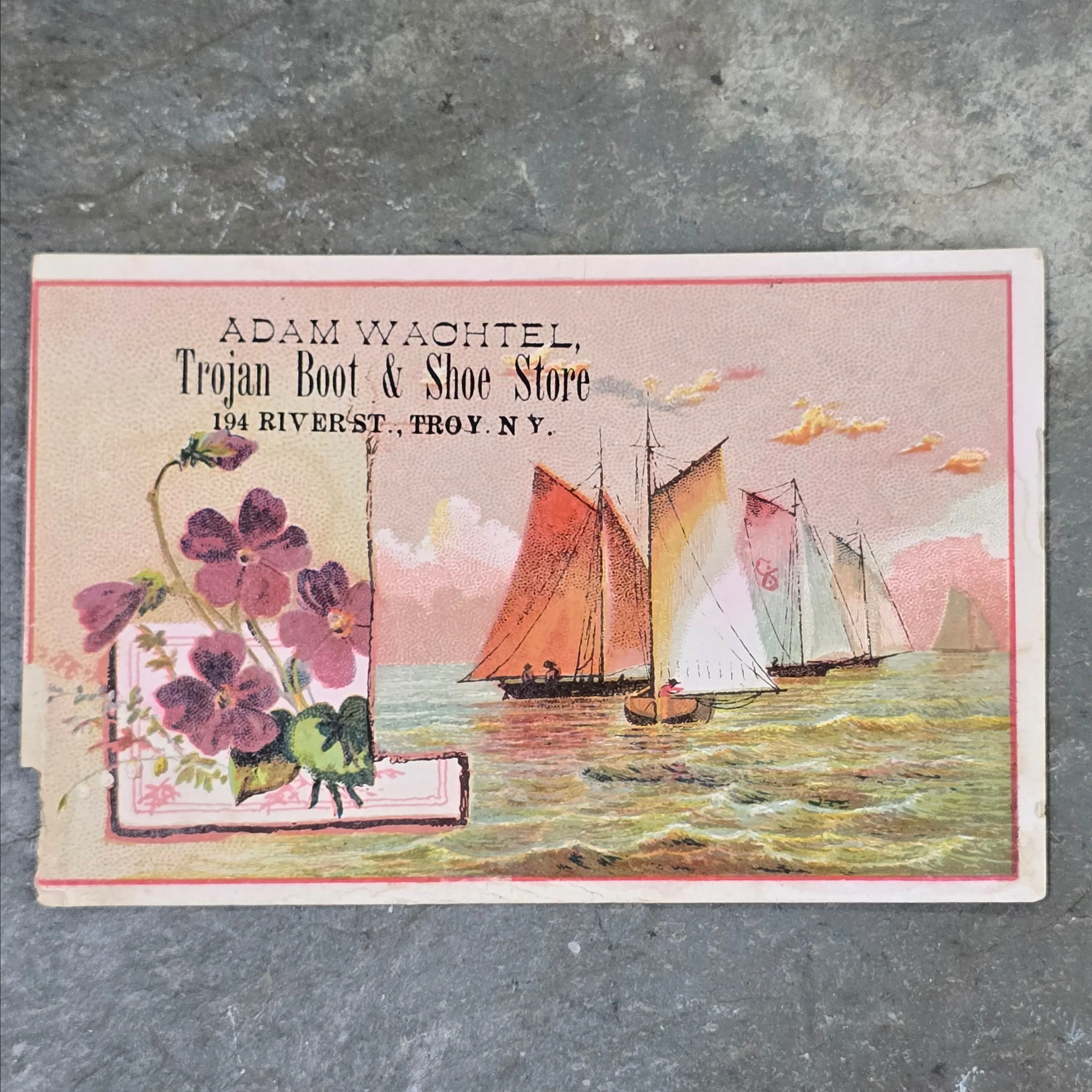 Product image for Adam Wachtel Trojan Boot & Shoe Store Troy, NY Antique Victorian Trade Card Sailboats (WNB1-79)
