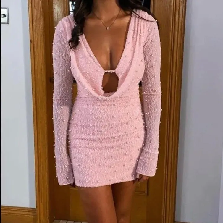 Product image for Oh Polly Size 4 Stunning Pink Pearl and Beaded Accents Long Sleeve Mini Bodycon Dress NWT (MSRP $150)