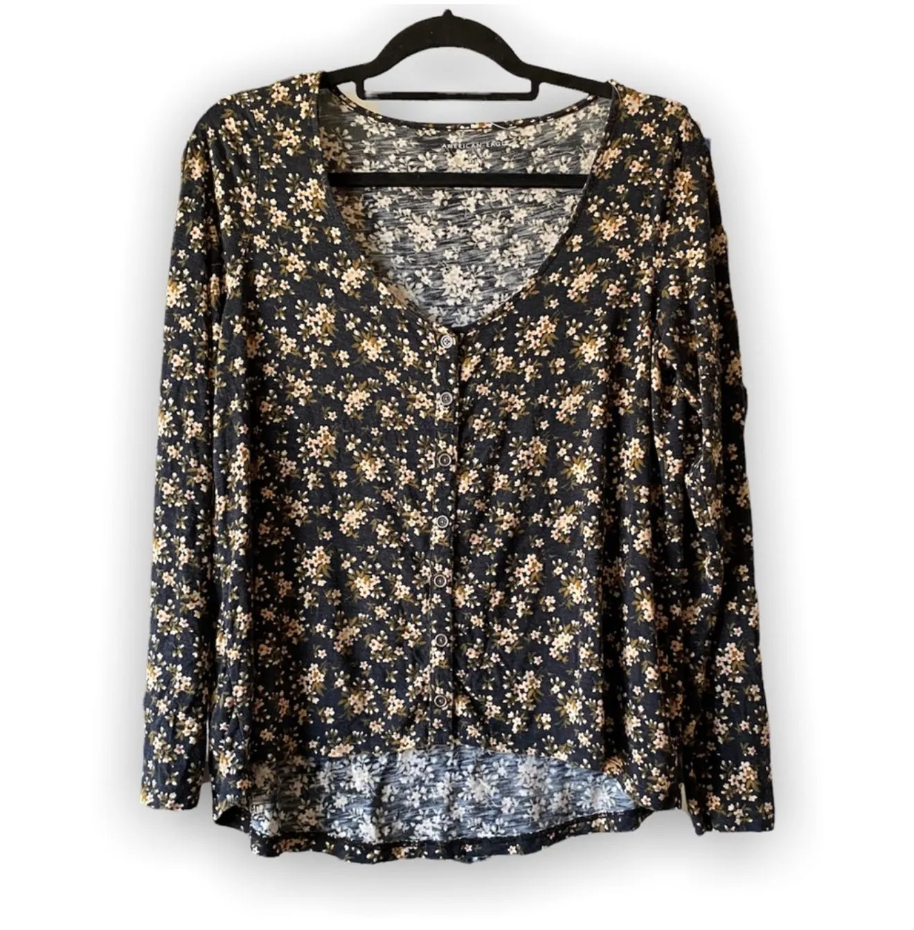 Product image for 5.American Eagle | Soft Sexy Slub Knit Ditsy Floral Button Front Top