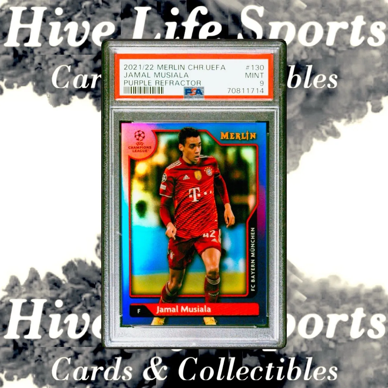 Product image for Jamal Musiala 2021-22 Merlin Chrome UEFA Purple Refractor /15 #130 Bayern Munich PSA 9