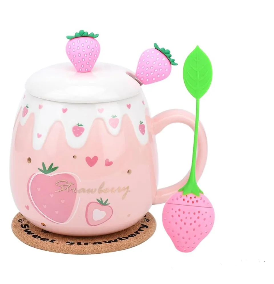 Product image for Pink Mug, Cute Strawberry Cup with Cover Spoon, Ceramic Coffee Mug with strainer