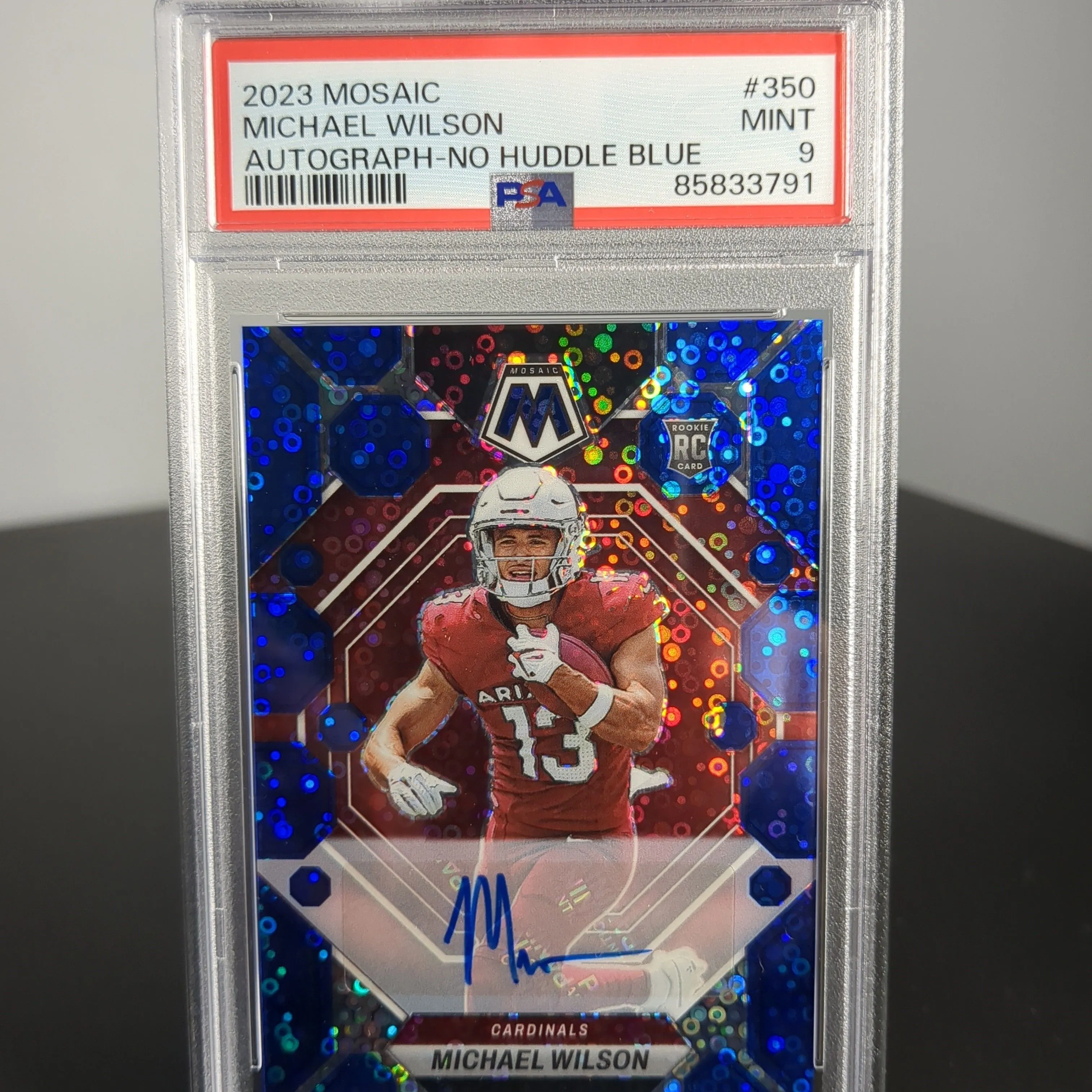 Product image for 2023 Panini Mosaic Michael Wilson 350 Autograph-No Huddle Blue PSA MINT 9