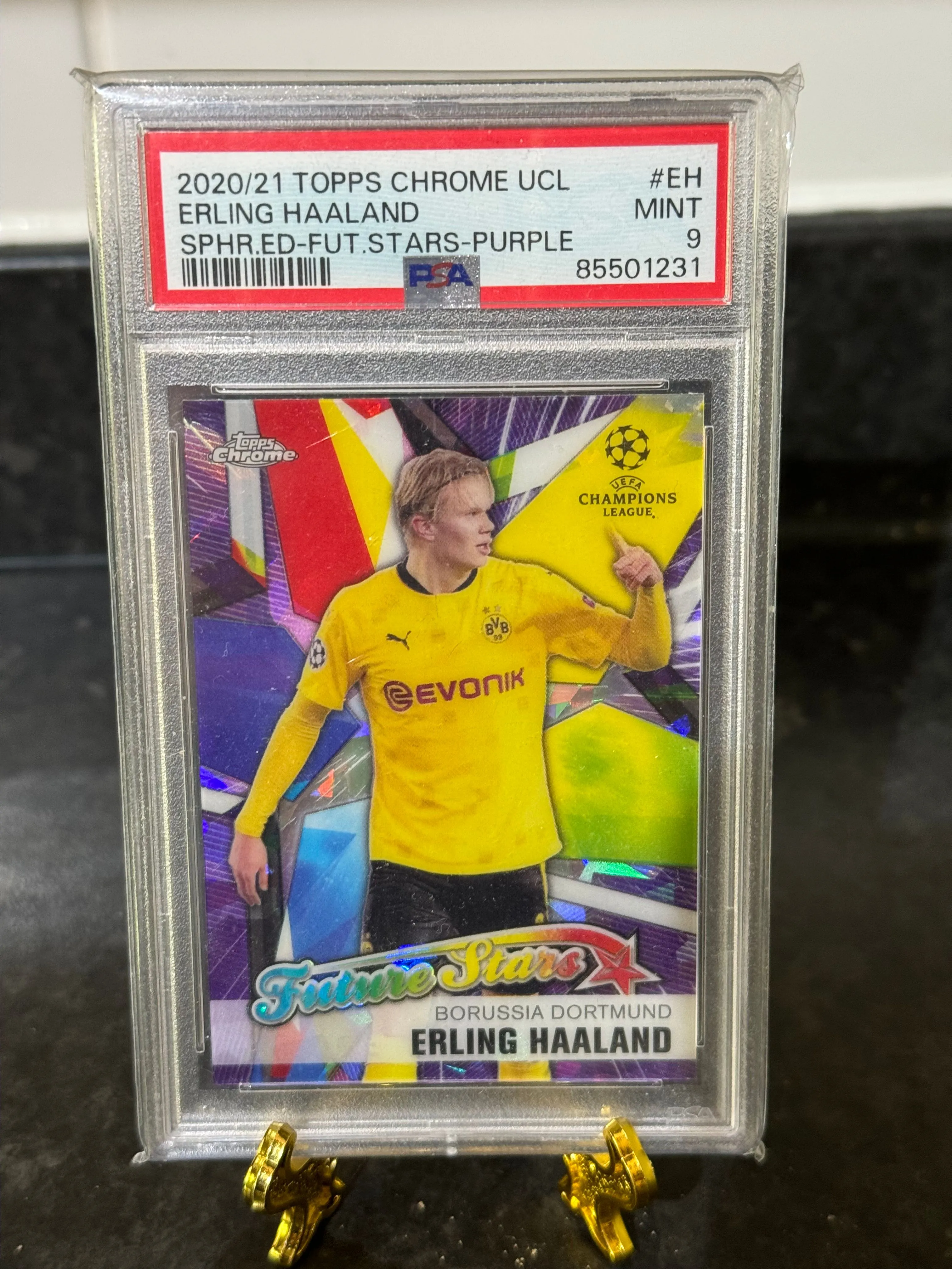 Product image for 2020-21 Erling Haaland Topps Future Stars Purple /25 Dortmund PSA 9