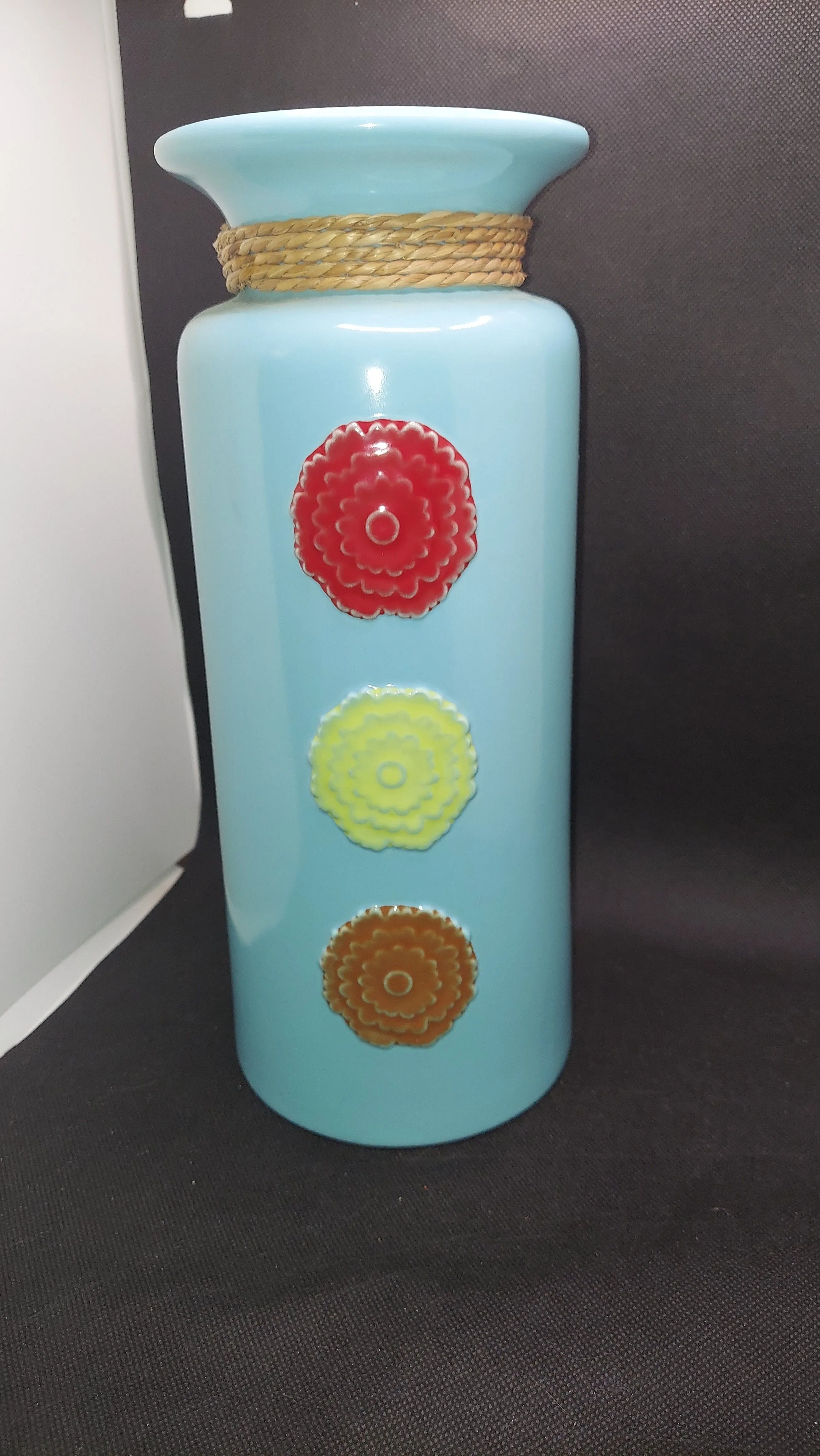 Product image for VERY RARE DEPT 56 Large Turquoise Blue Ceramic Art Vase With 3 Flowers Boho Look