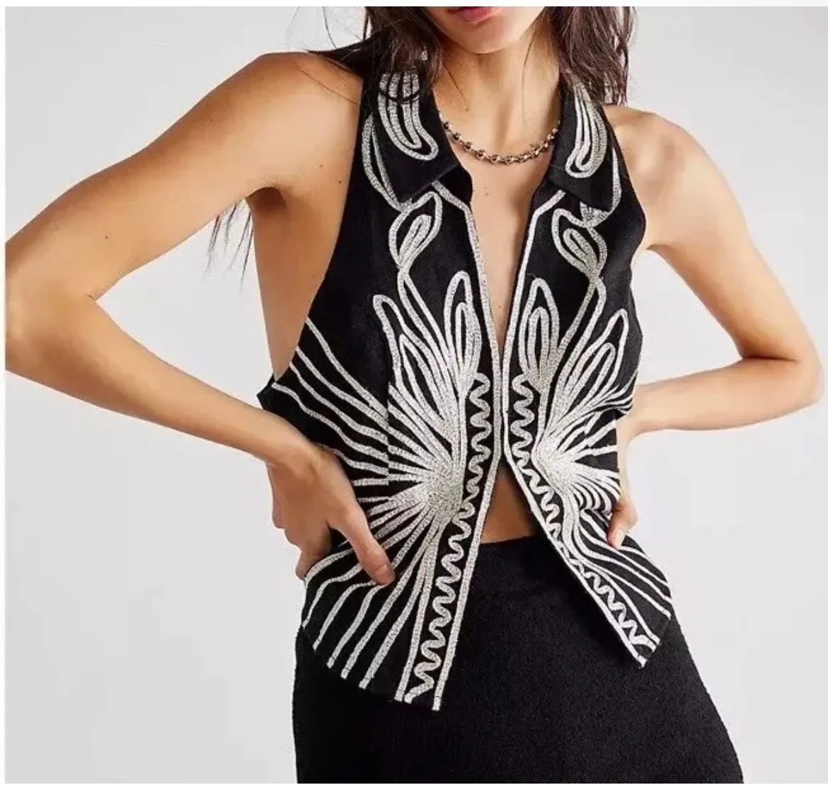 Product image for Free people Head West Silver Metallic Embroidered Black Vest NWT Size Small