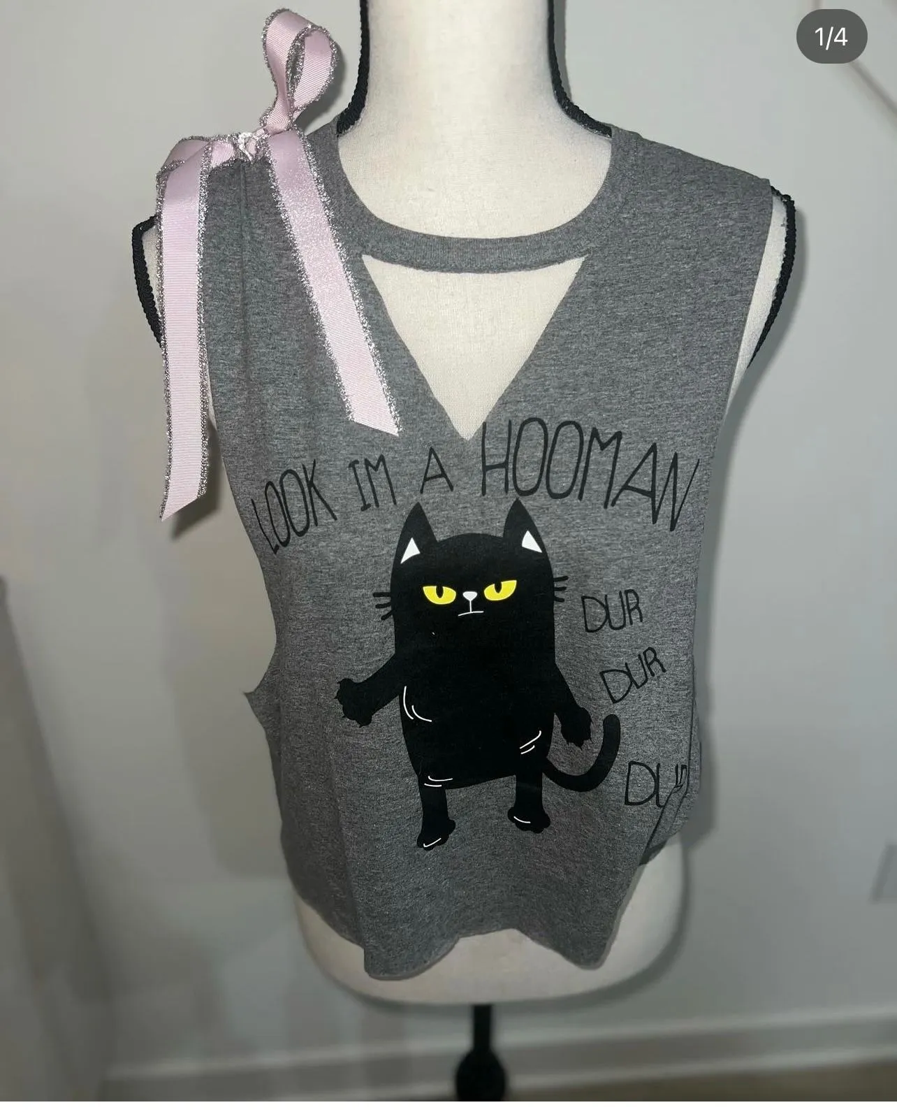 Product image for Upcycled Cat Hooman Graphic Tee with Bow