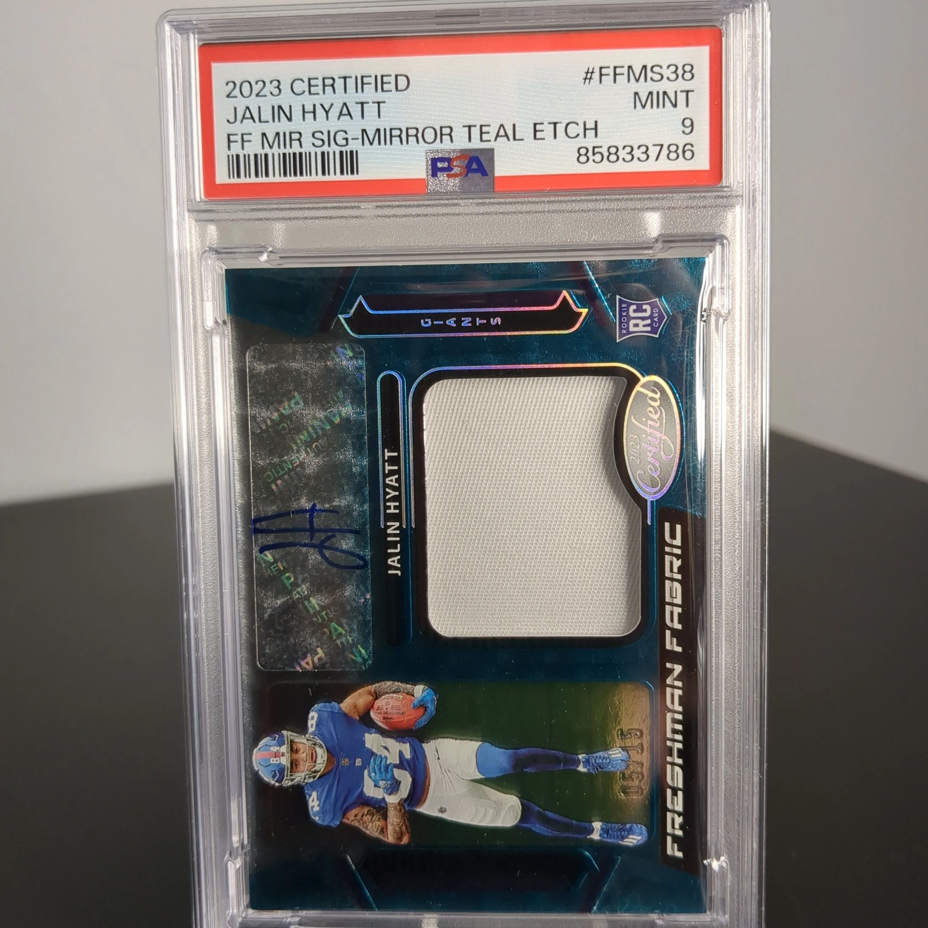 Product image for 2023 Panini Certified Freshman Fabric Mirror Signature Jalin Hyatt FFMS38 Ff Mir Sig-Mirror Teal Etch PSA MINT 9