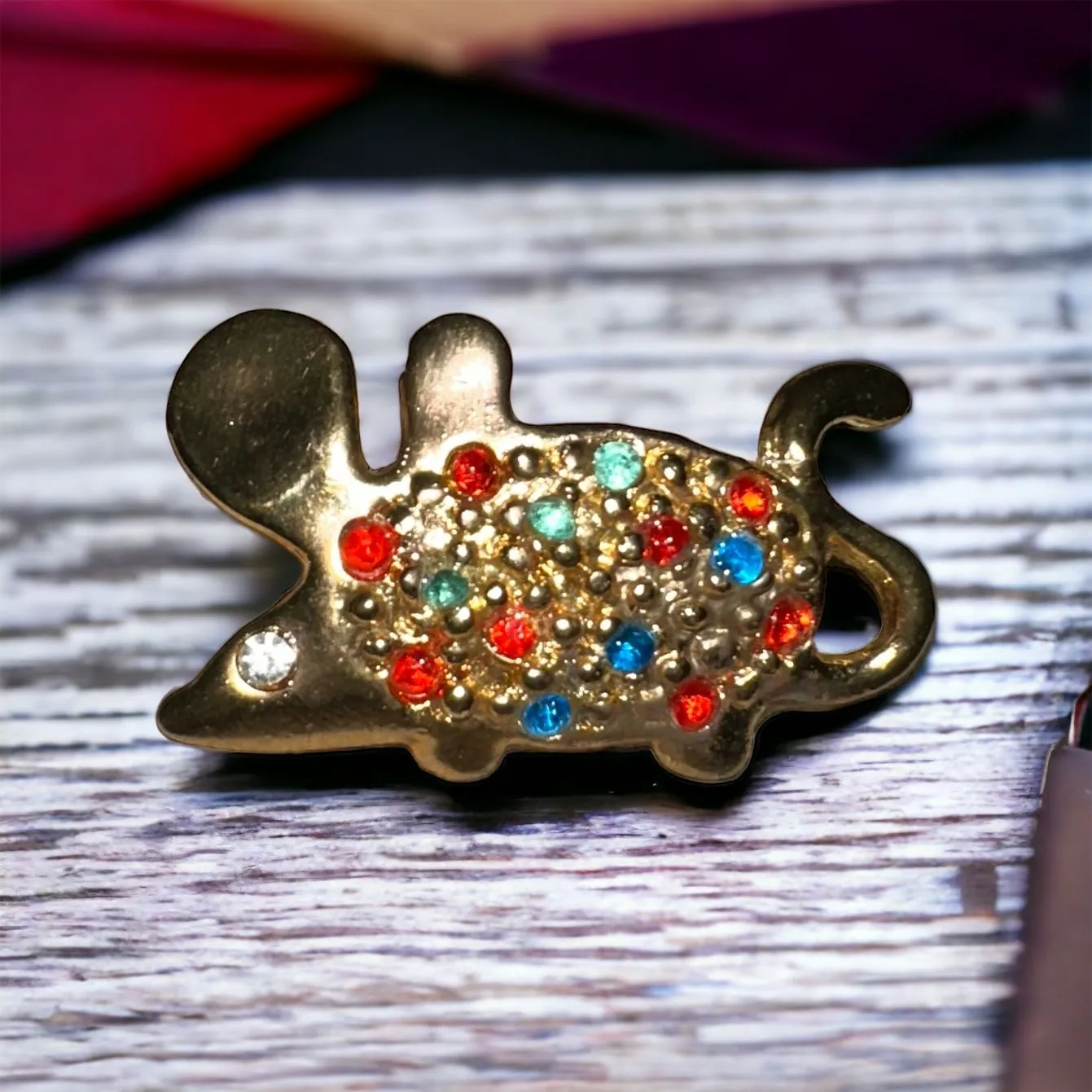 Product image for Vintage Cute Little Mouse Brooch with colorful rhinestones 1.5” L x .50” H