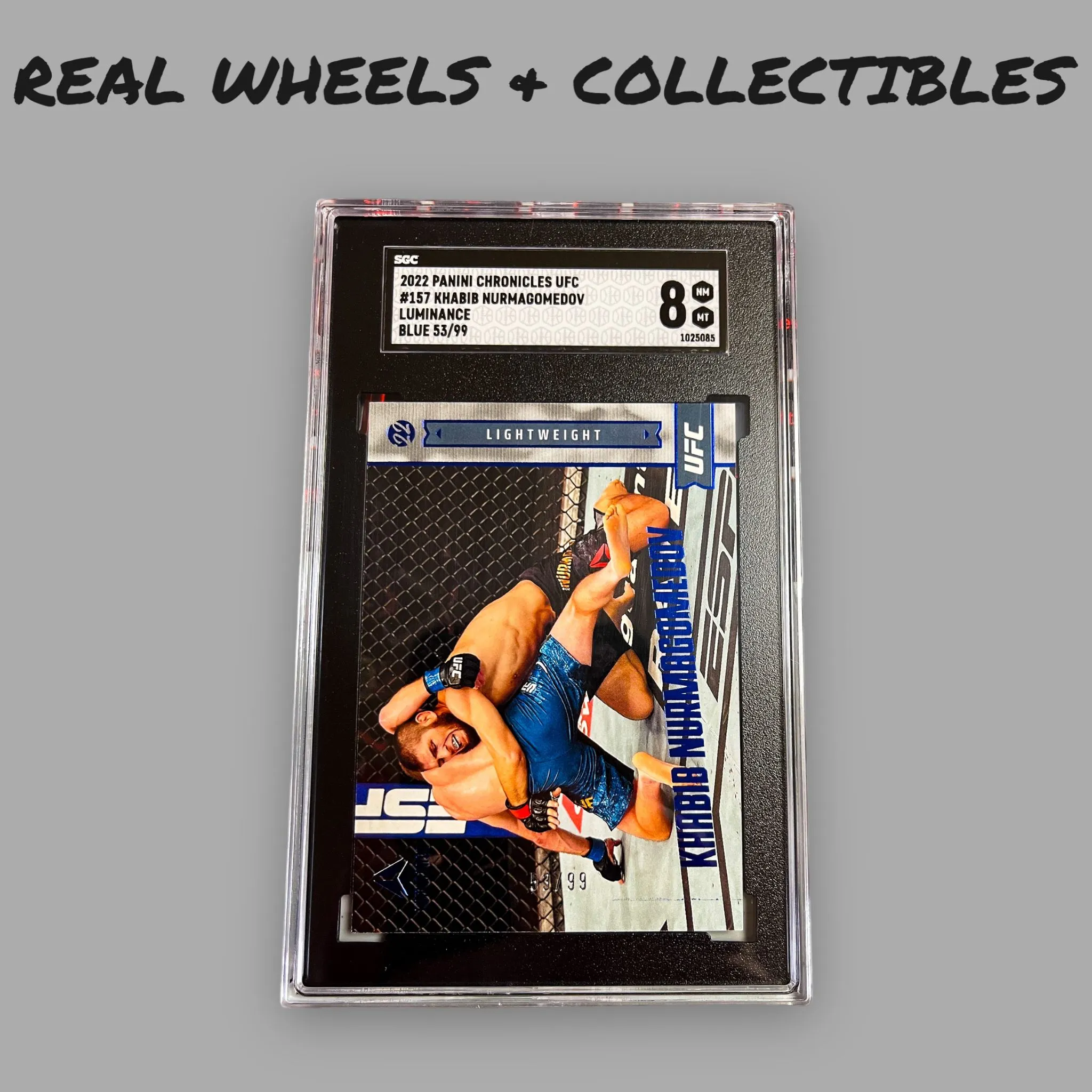 Product image for Khabib Nurmagomedov Luminance Blue 53/99 SGC 8 2022 Panini Chronicles UFC #157