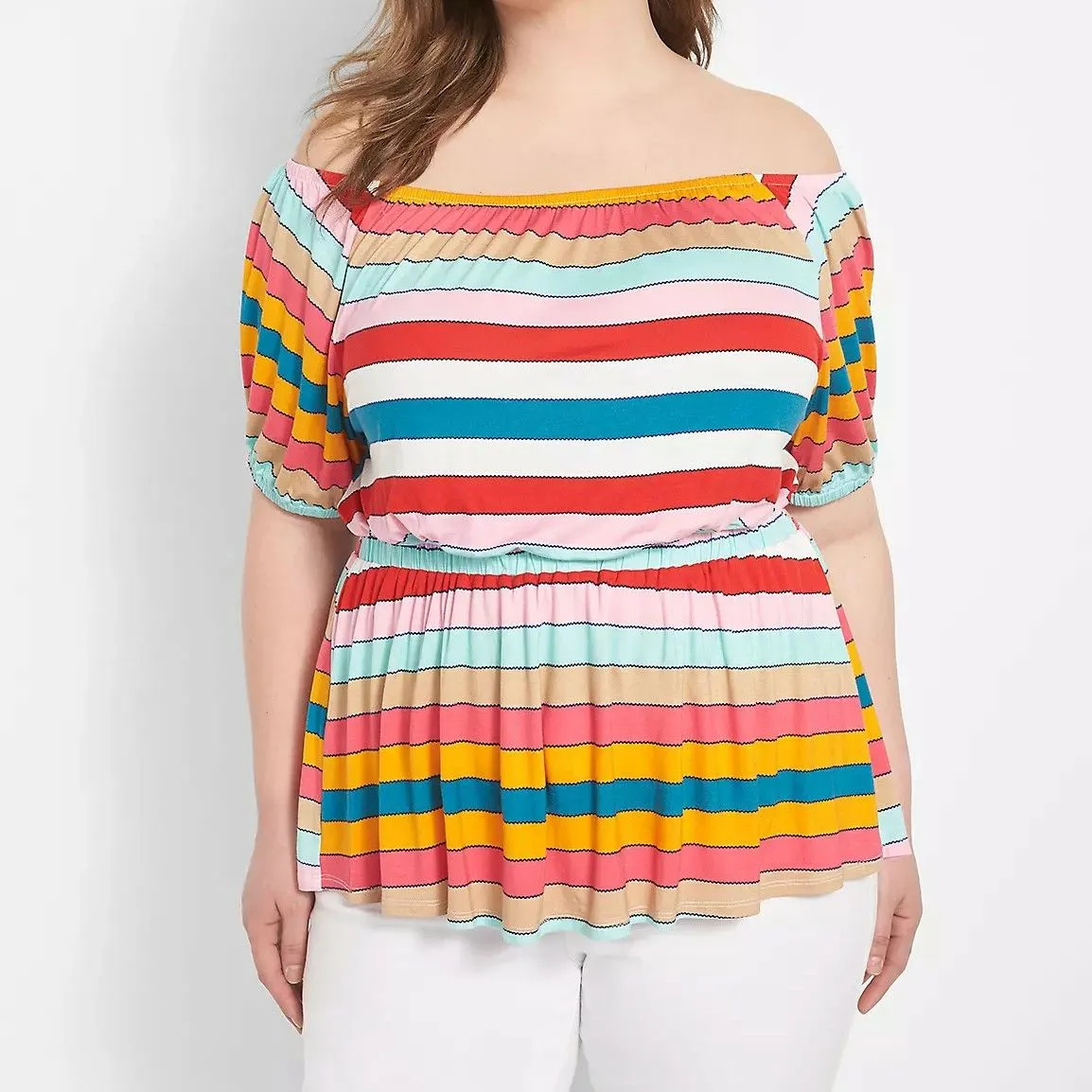 Product image for 309: [26/28 (4X)] Lane Bryant Multicolored Striped Puff Sleeve Convertible Peplum Shirt