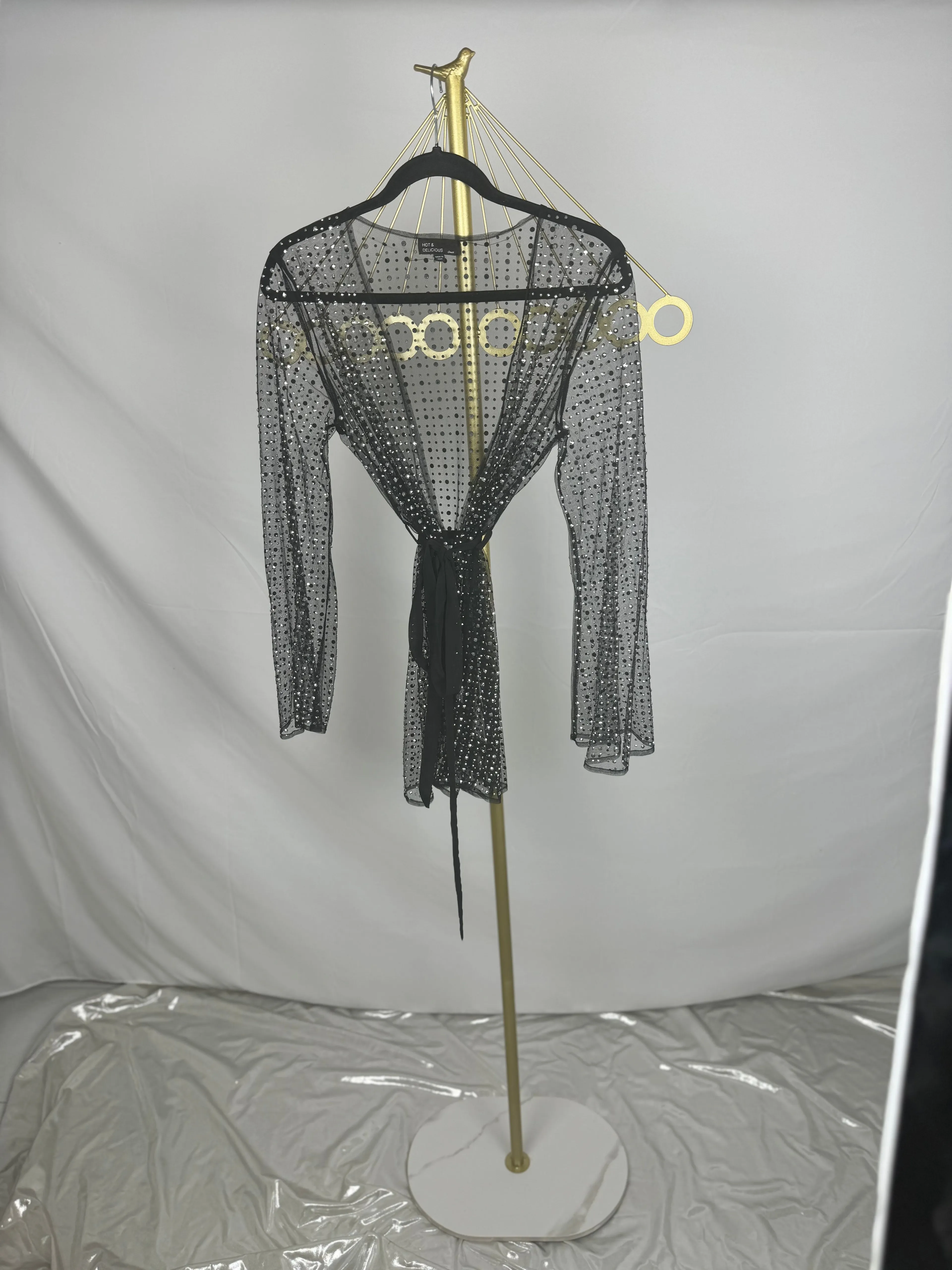 Product image for Black silver rhinestone swim cover up, Size Small