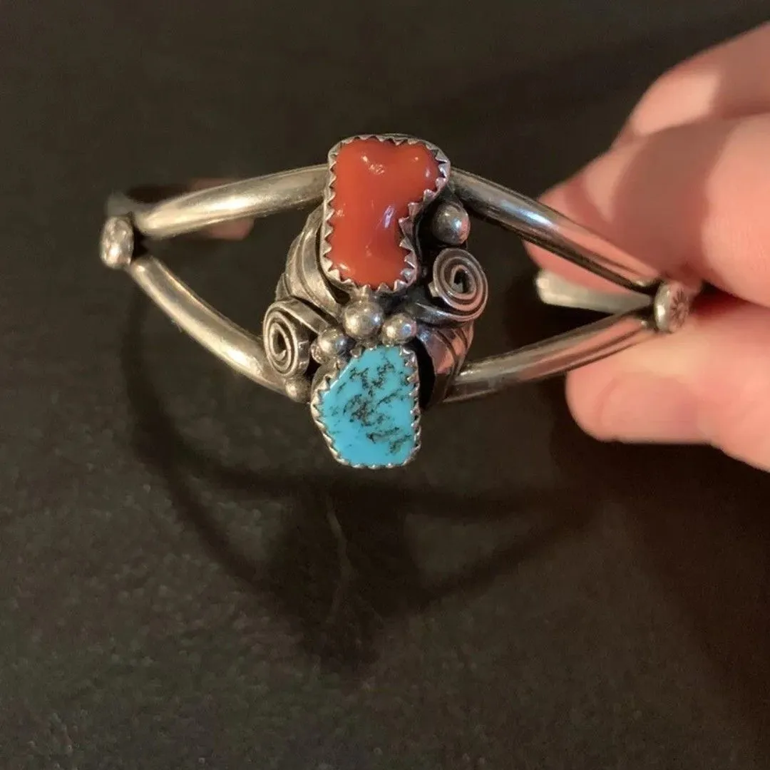Product image for Navajo turquoise & coral sterling silver cuff bracelet