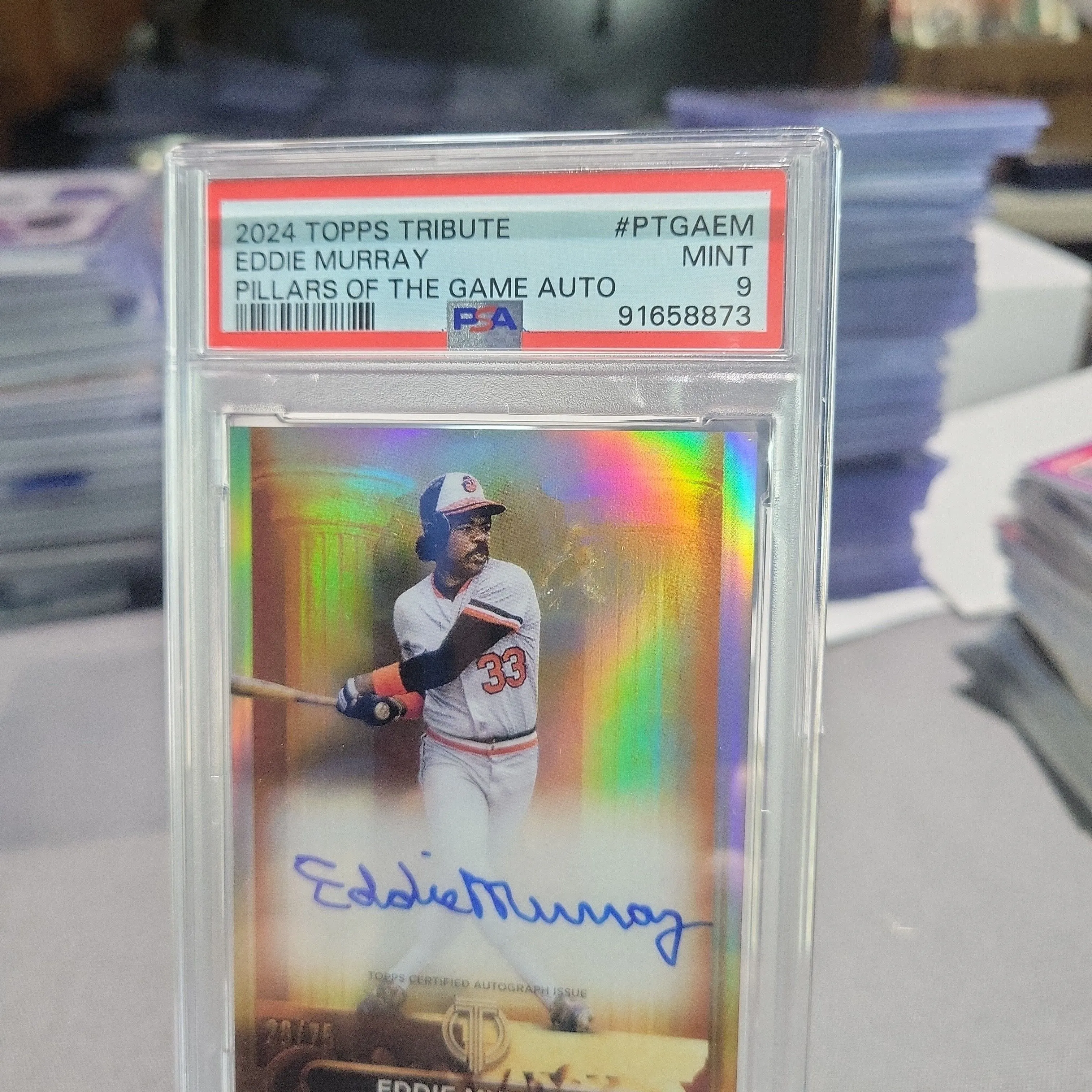 Product image for 2024 Topps Tribute Pillars Of The Game Autographs Eddie Murray PTGAEM  PSA MINT 9