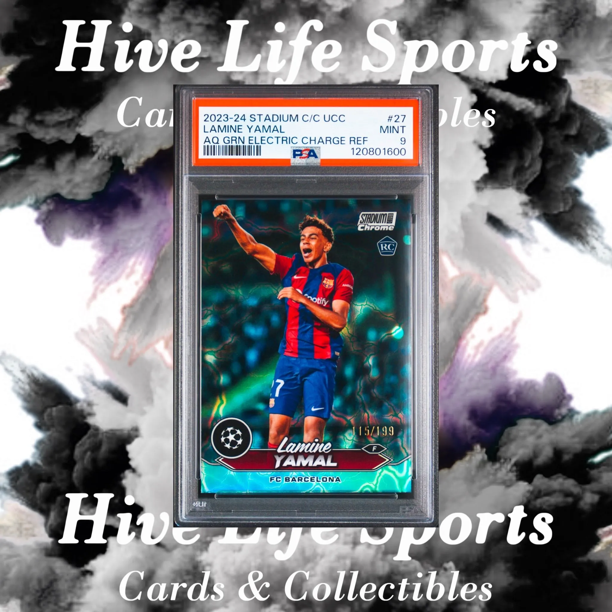 Product image for Lamine Yamal 2023-24 Stadium Club Chrome Aqua Green RC /199 #27 Barcelona PSA 9