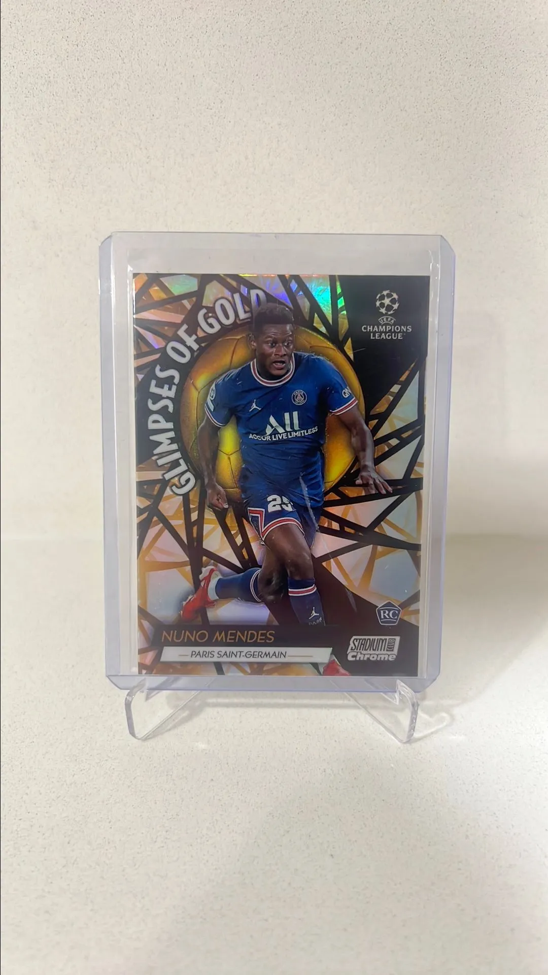 Product image for Nuno Mendes PSG RC Glimpses Of Gold Stadium Club Chrome UEFA #GG-NM 2021-2022