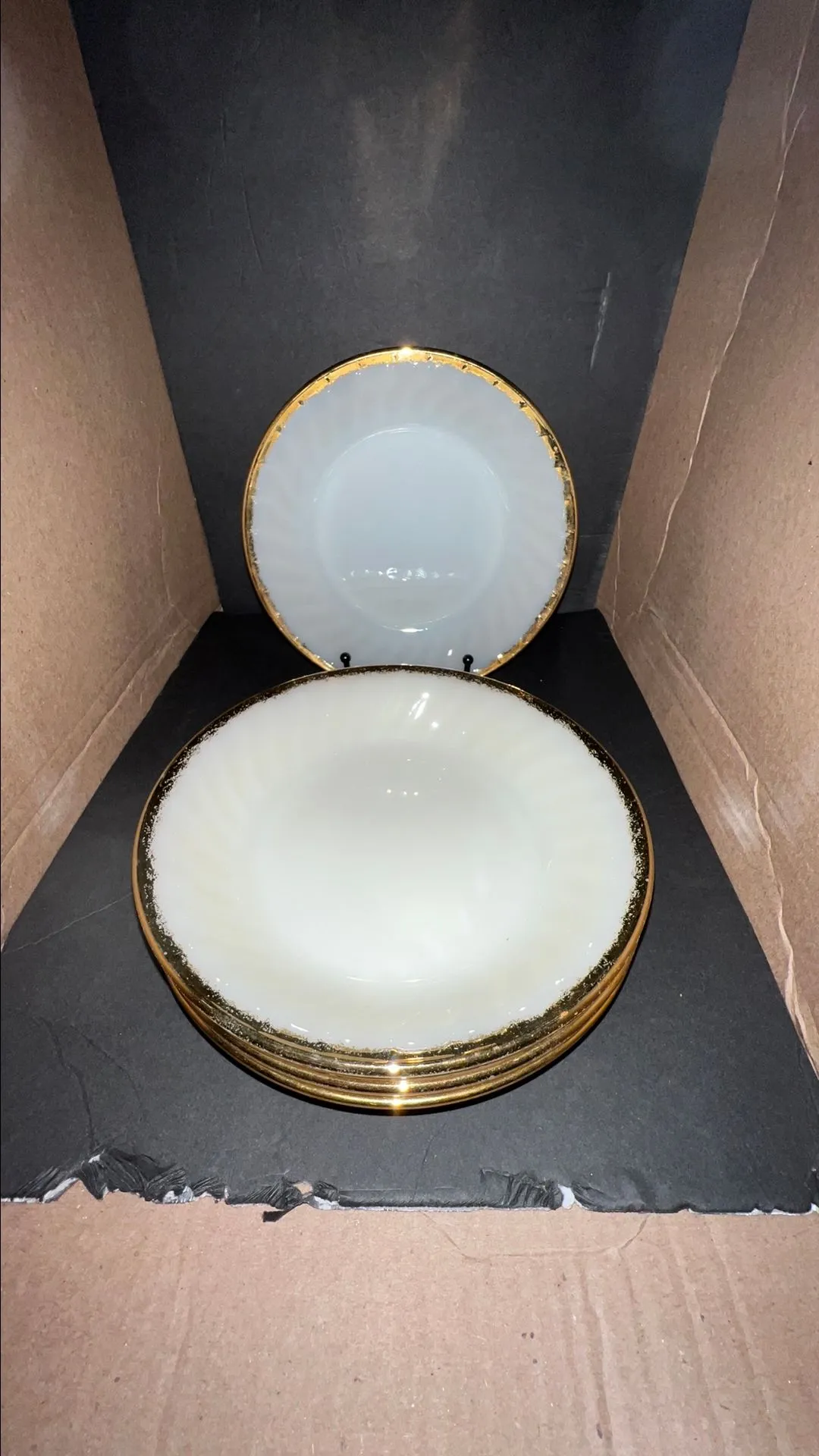 Product image for 0666 Vintage Fire-King White Milk Glass "Swirl" Bowl w/ Gold Rim, Set of 5