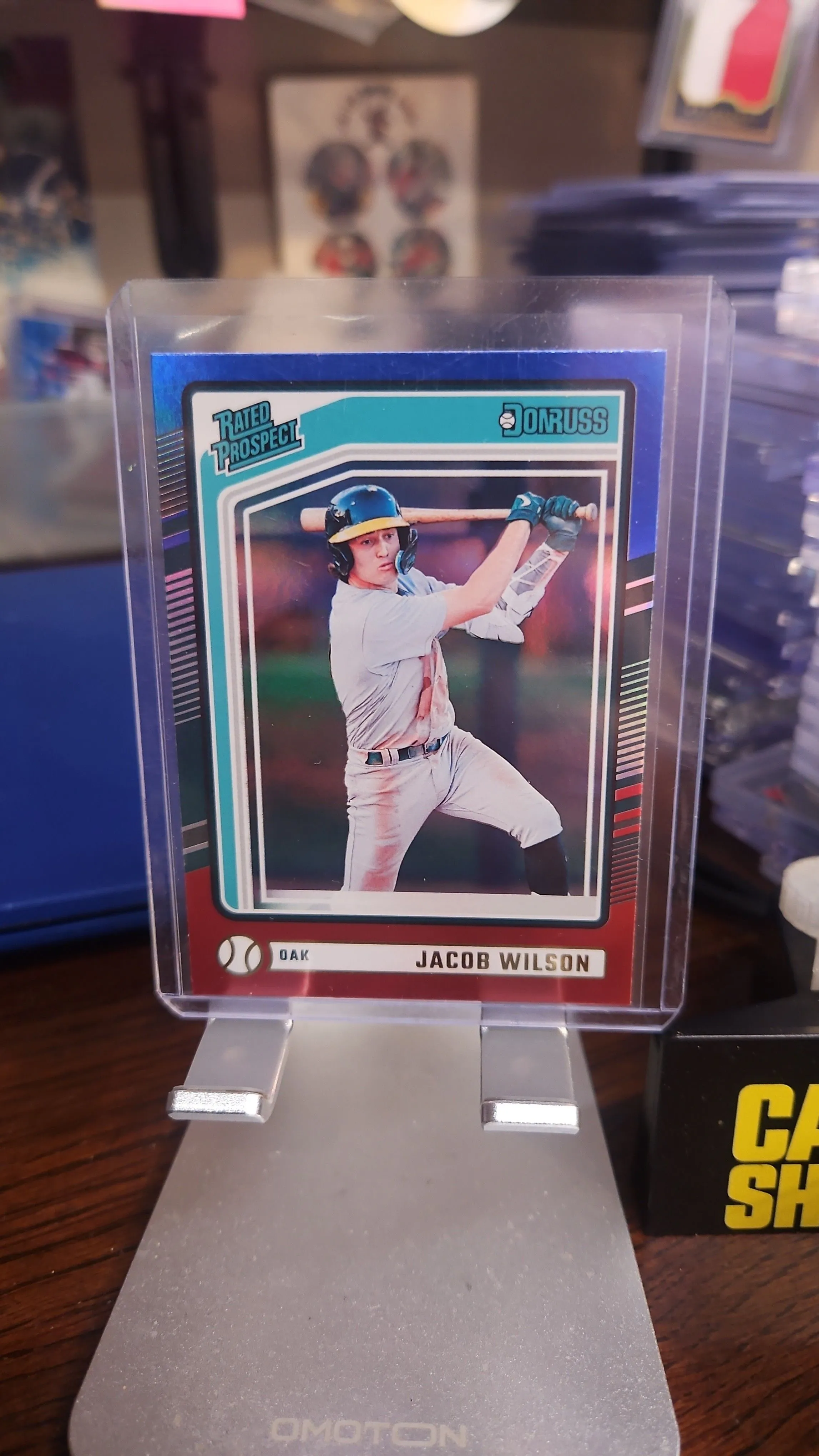 Product image for Joacob Wilson Rookie ..2024 Donruss Rated Rookie Prospect Red & Blue Foil  #181 Oakland Athletics