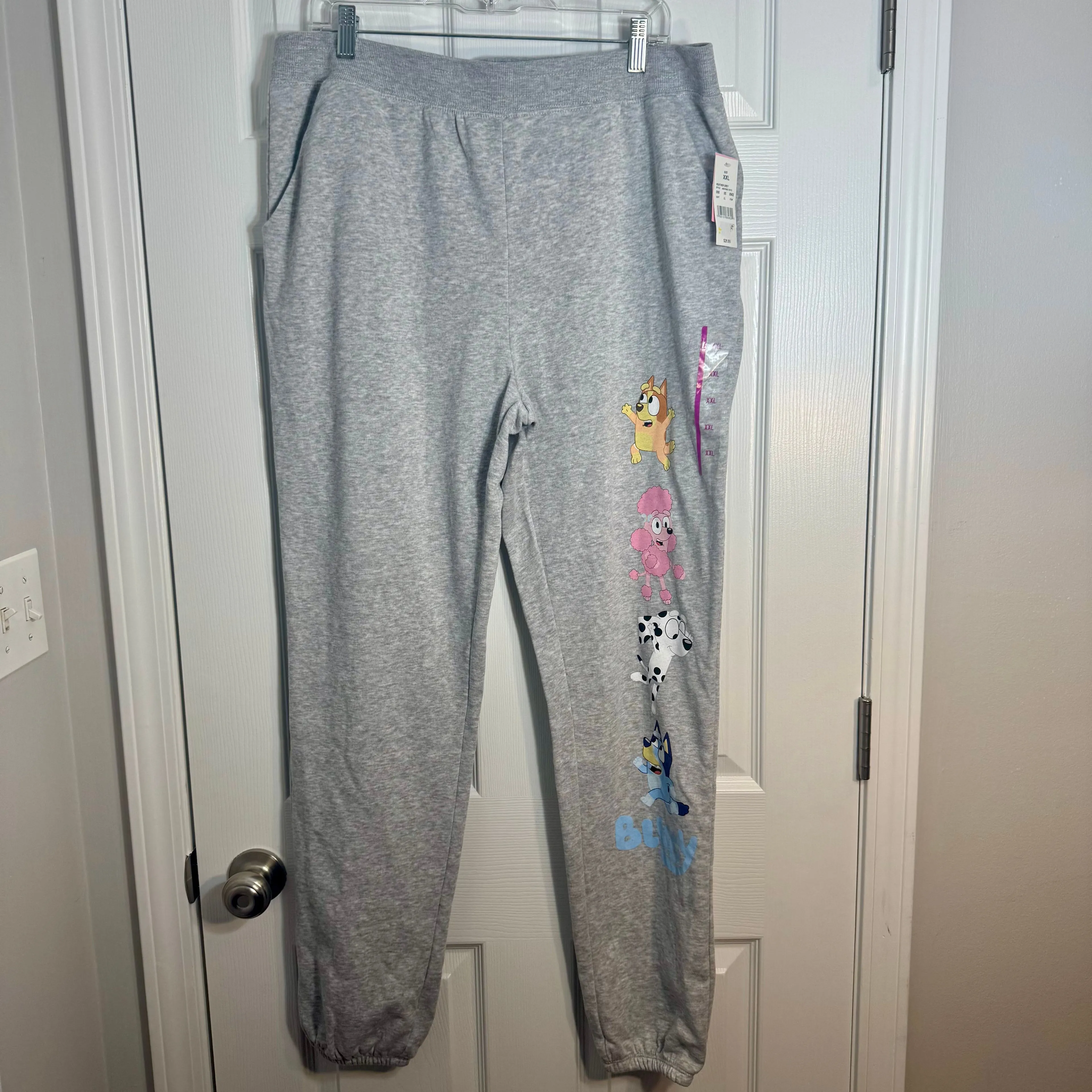 Product image for NWT. XXL Bluey fleece-lined sweatpants heather gray with characters from the animated children's tel