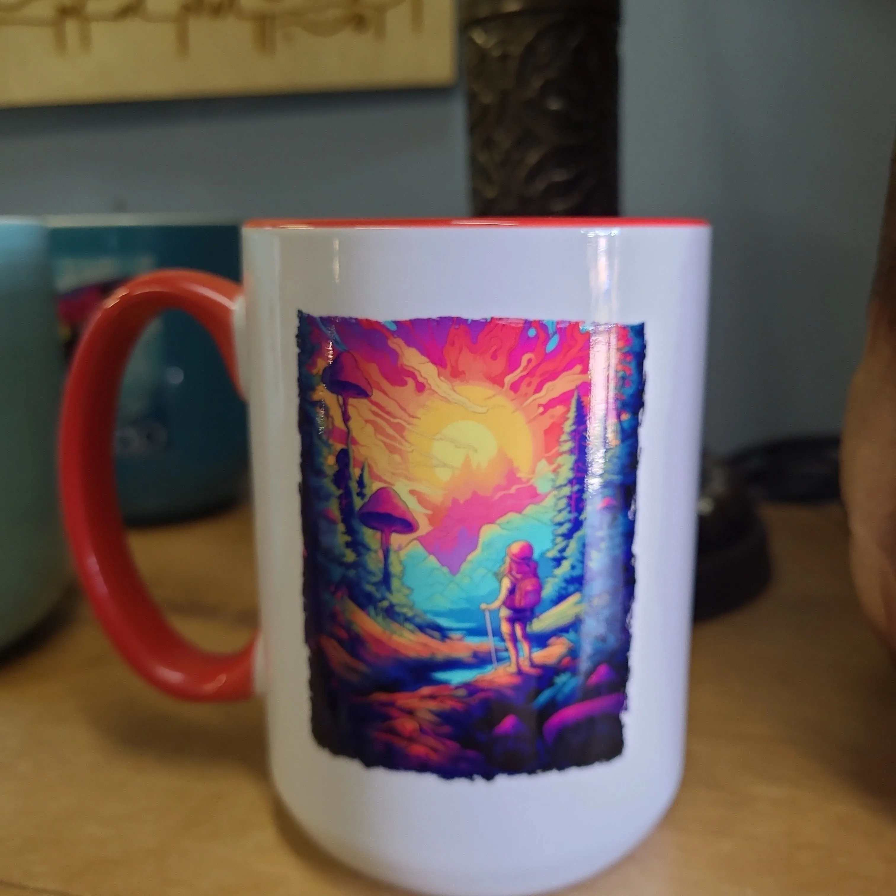 Product image for 12 oz coffee mug, original art. Mushroom Hiker