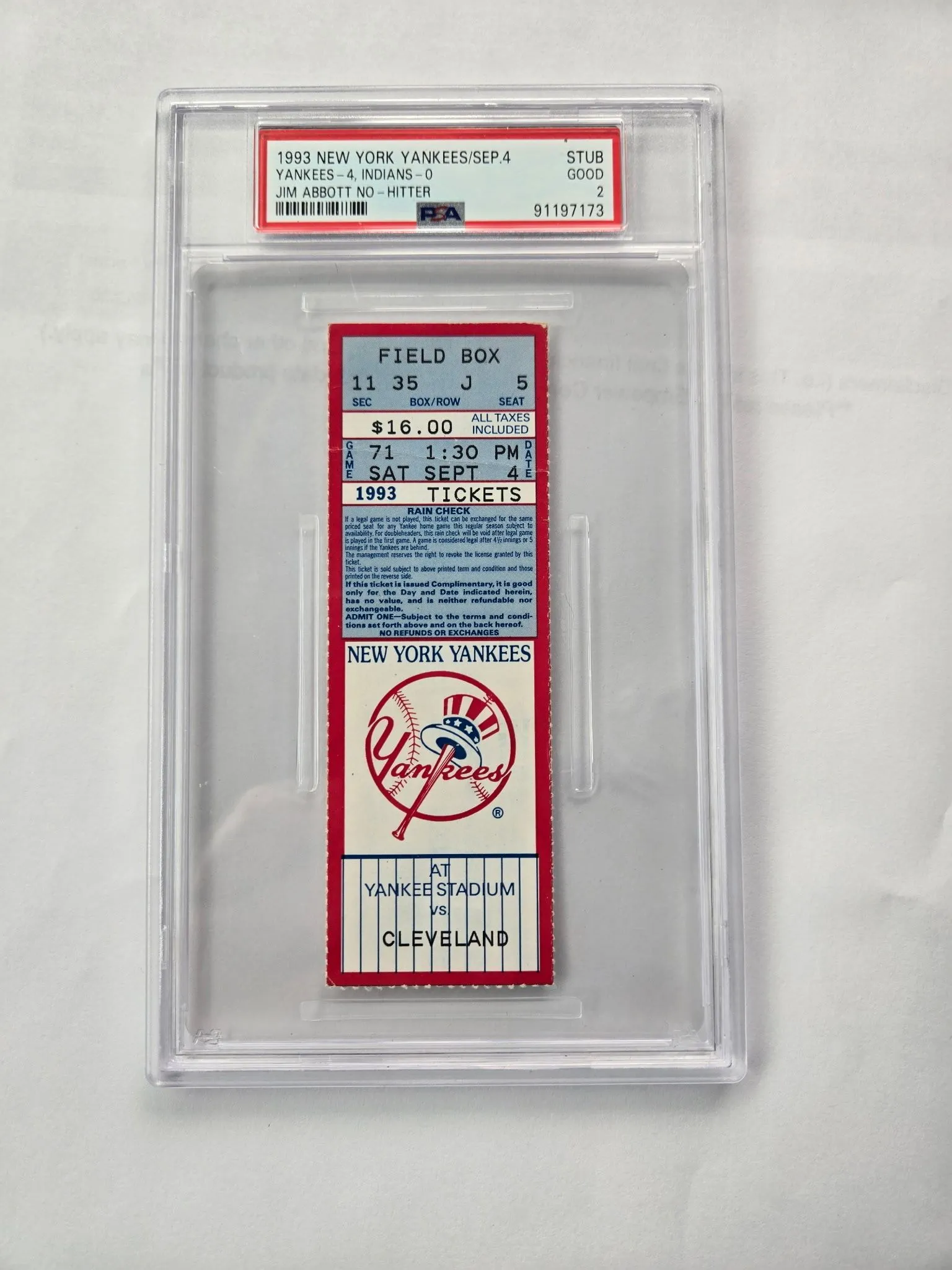 Product image for Jim Abbott No Hitter Graded Ticket Stub 9/4/1993 Indians @ Yankees PSA 2 (RARE)