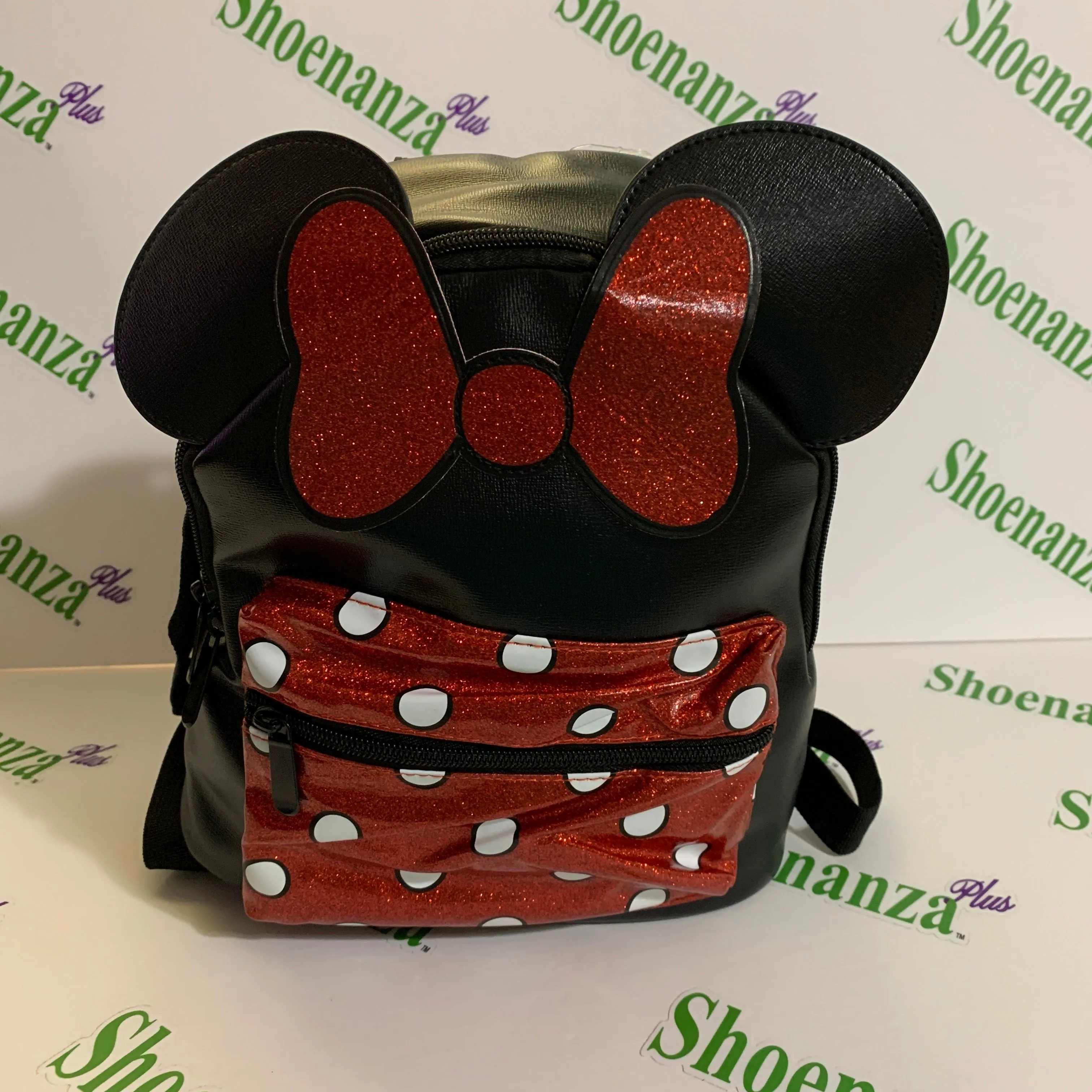 Product image for Disney Mini Backpack Minnie Mouse Polka Dot Glitter Red Black Adjustable Bag