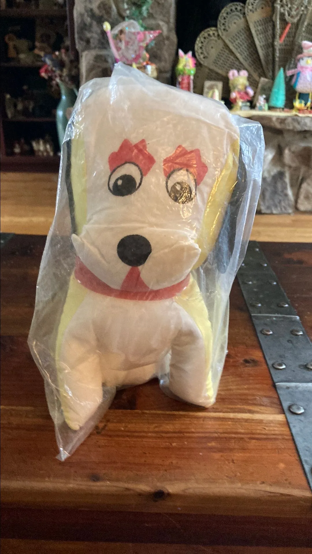 Product image for Vintage Carnival prize- yellow and white cloth dog black vinyl ears red collar in plastic bag