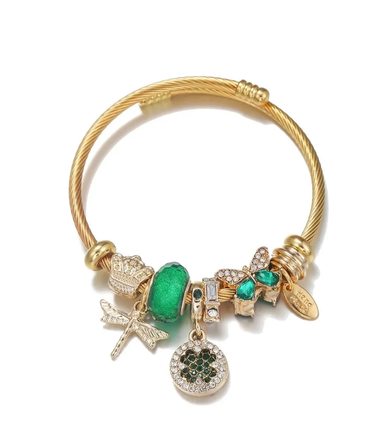 Product image for 18K Gold Plated Stainless Steel Bangle Dragonfly Butterfly/Green