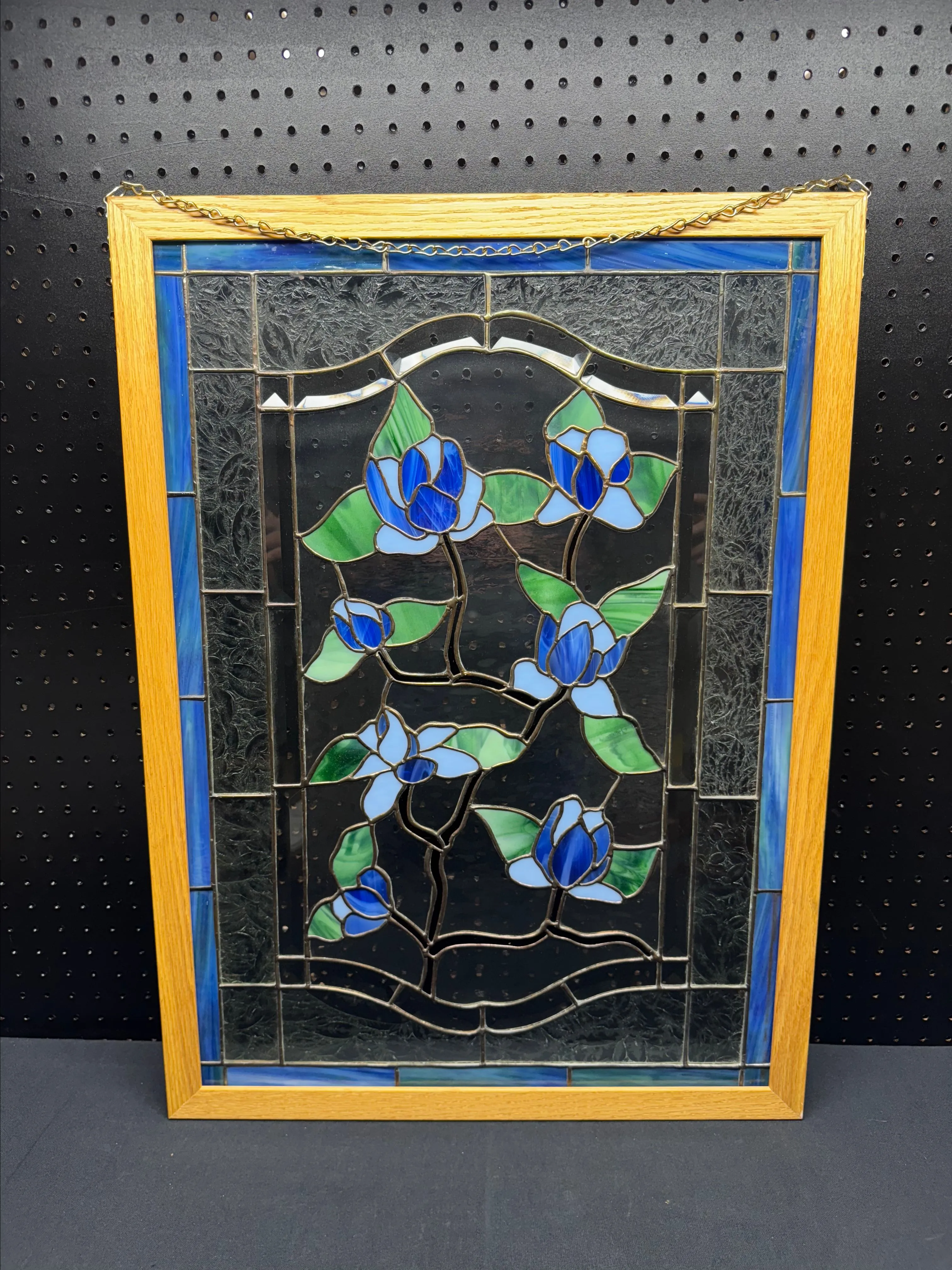 Product image for Vtg Tiffany Style Stained Glass Flower Window Panel Wood Frame Suncatcher 30"