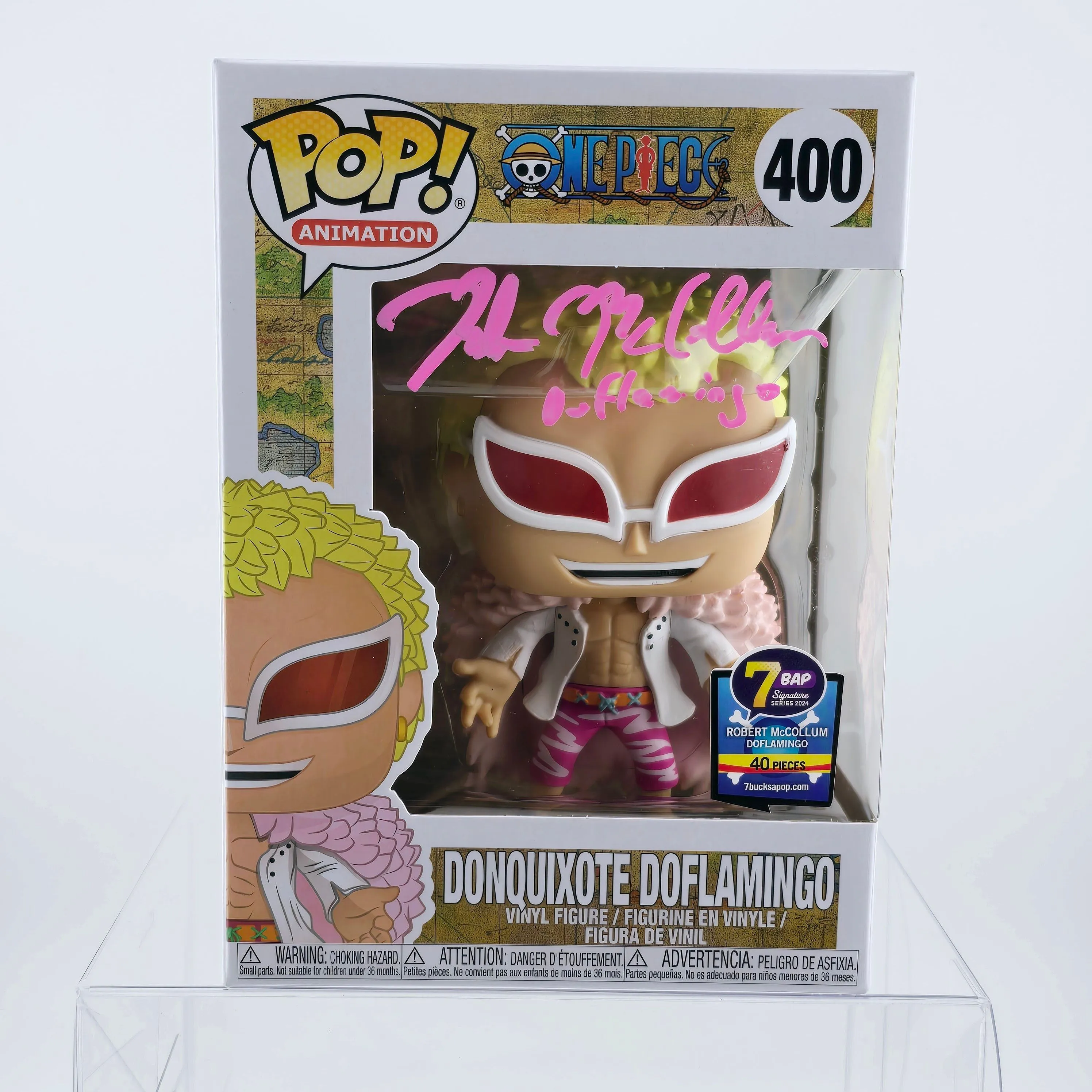 Product image for One Piece - Donquixote Doflamingo Funko Pop 400 signed by Robert McCollum (7BAP 40PCS)