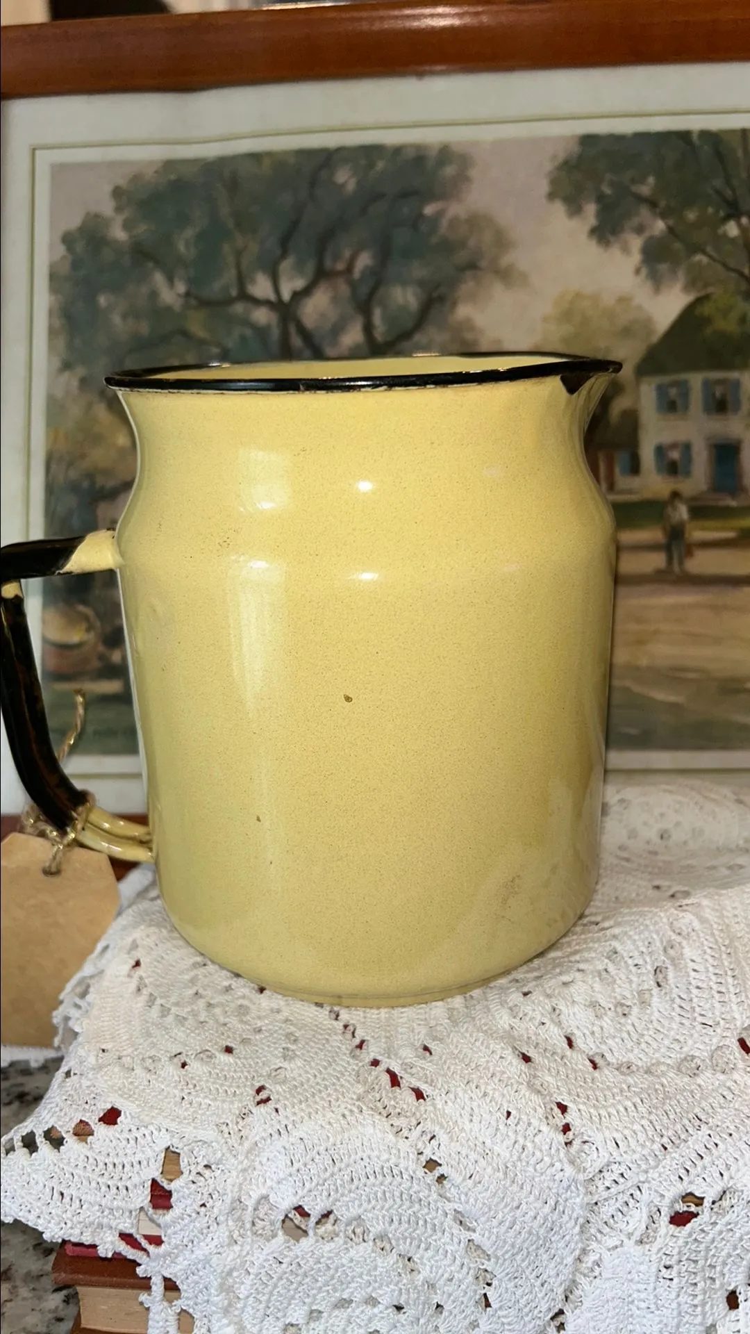 Product image for 603. Vintage 30s 40s Creamy Vanilla Yellow & Black Enamel Large Water Pitcher