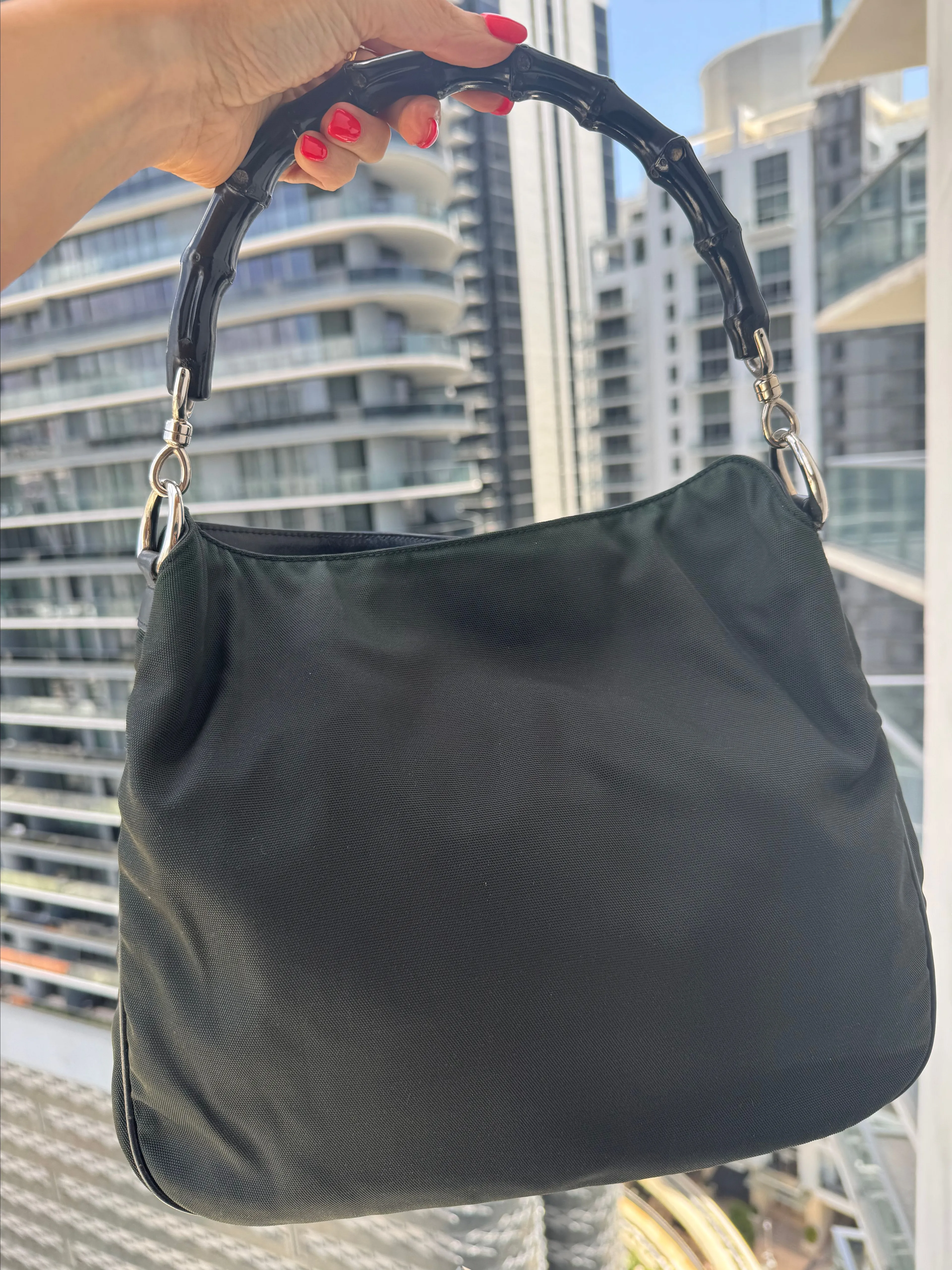 Product image for 43. Gucci Nylon Bamboo Handle Bag